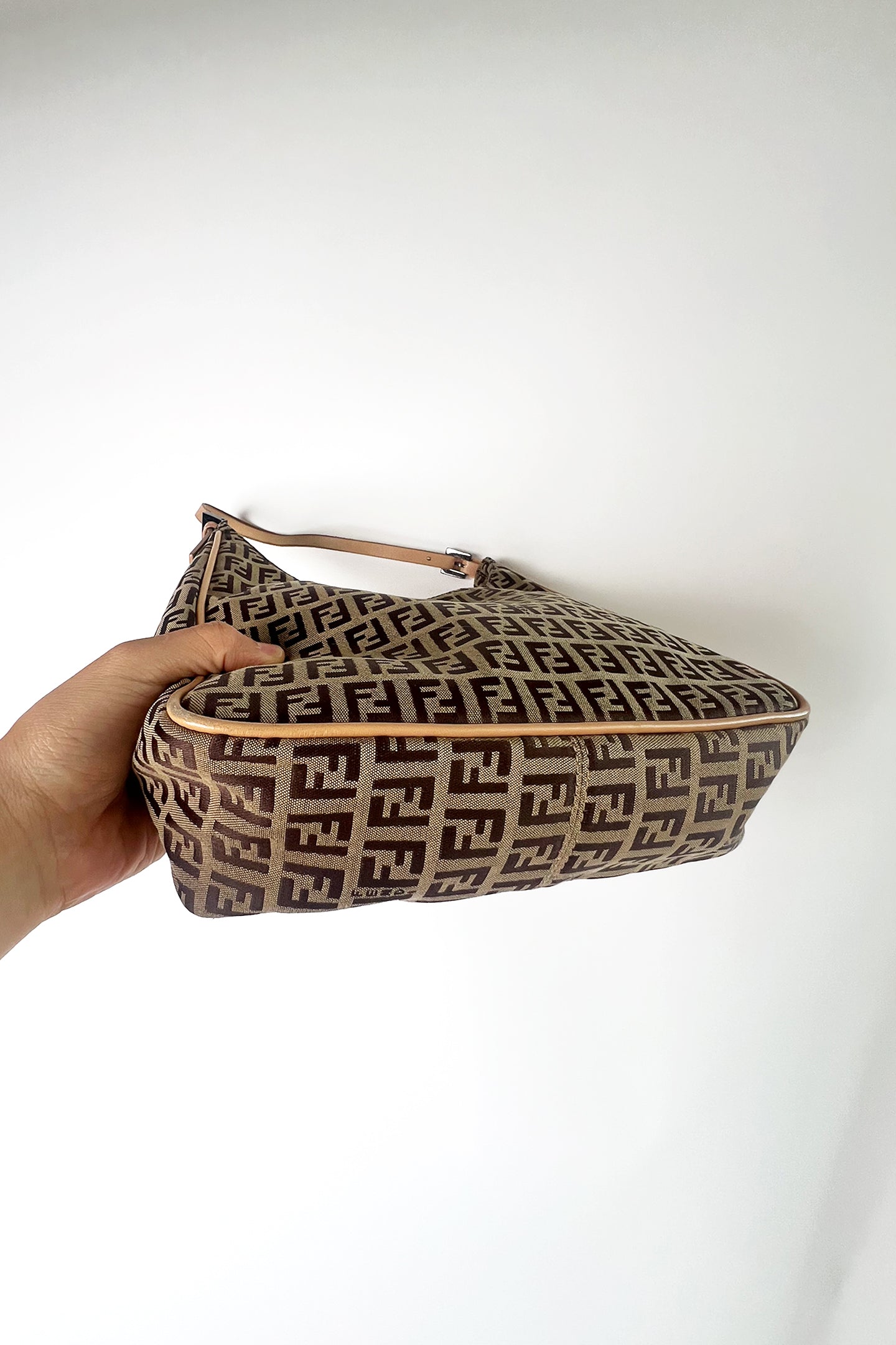 Vintage Fendi zucca print shoulder bag with pink leather trims