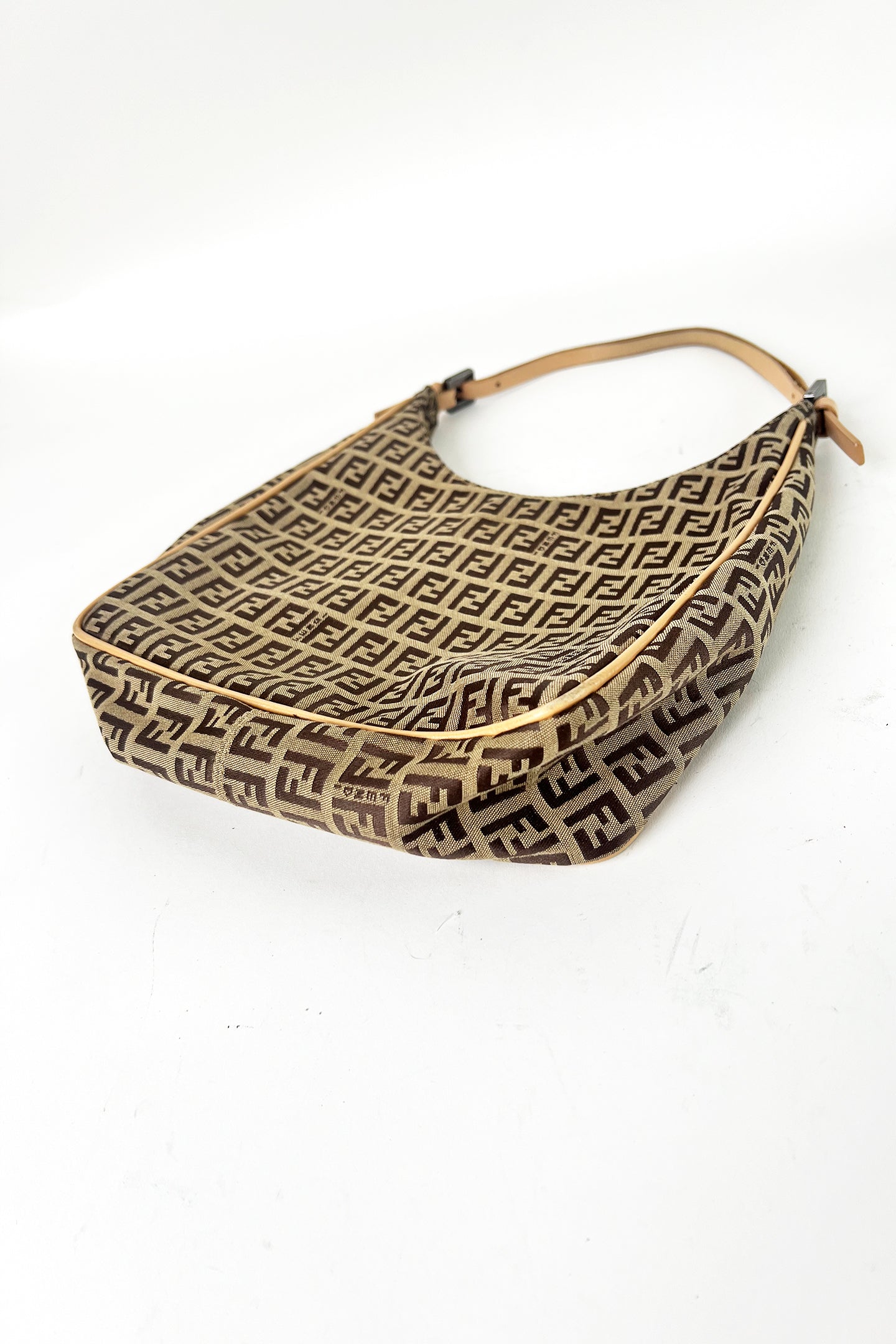 Vintage Fendi zucca print shoulder bag with pink leather trims