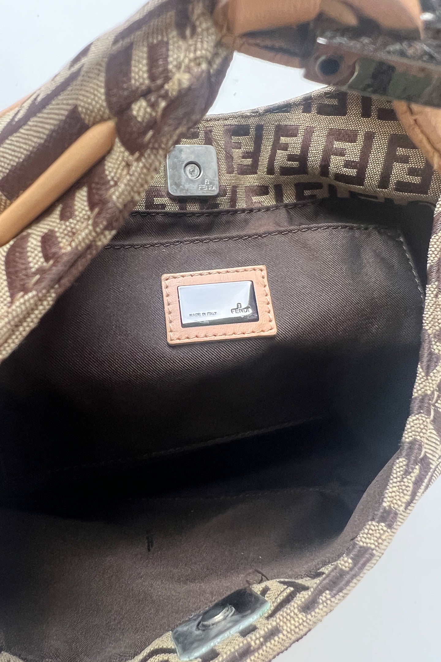 Vintage Fendi zucca print shoulder bag with pink leather trims