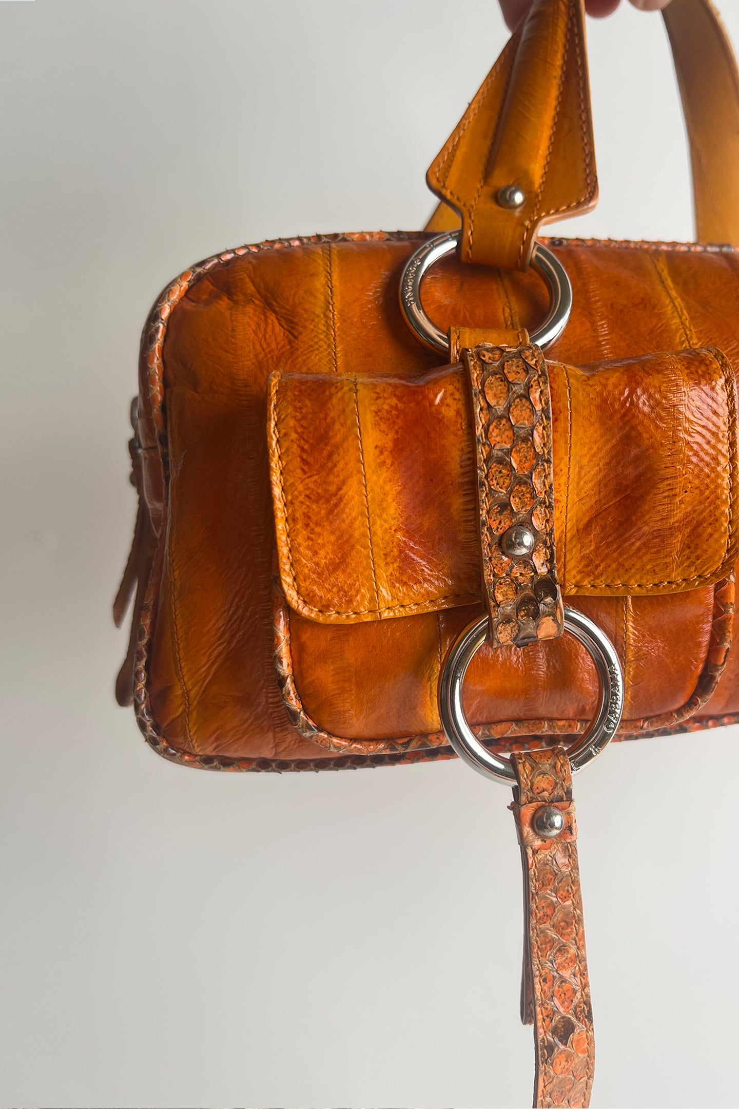 Vintage 90s y2k D&G orange leather handbag with python trims