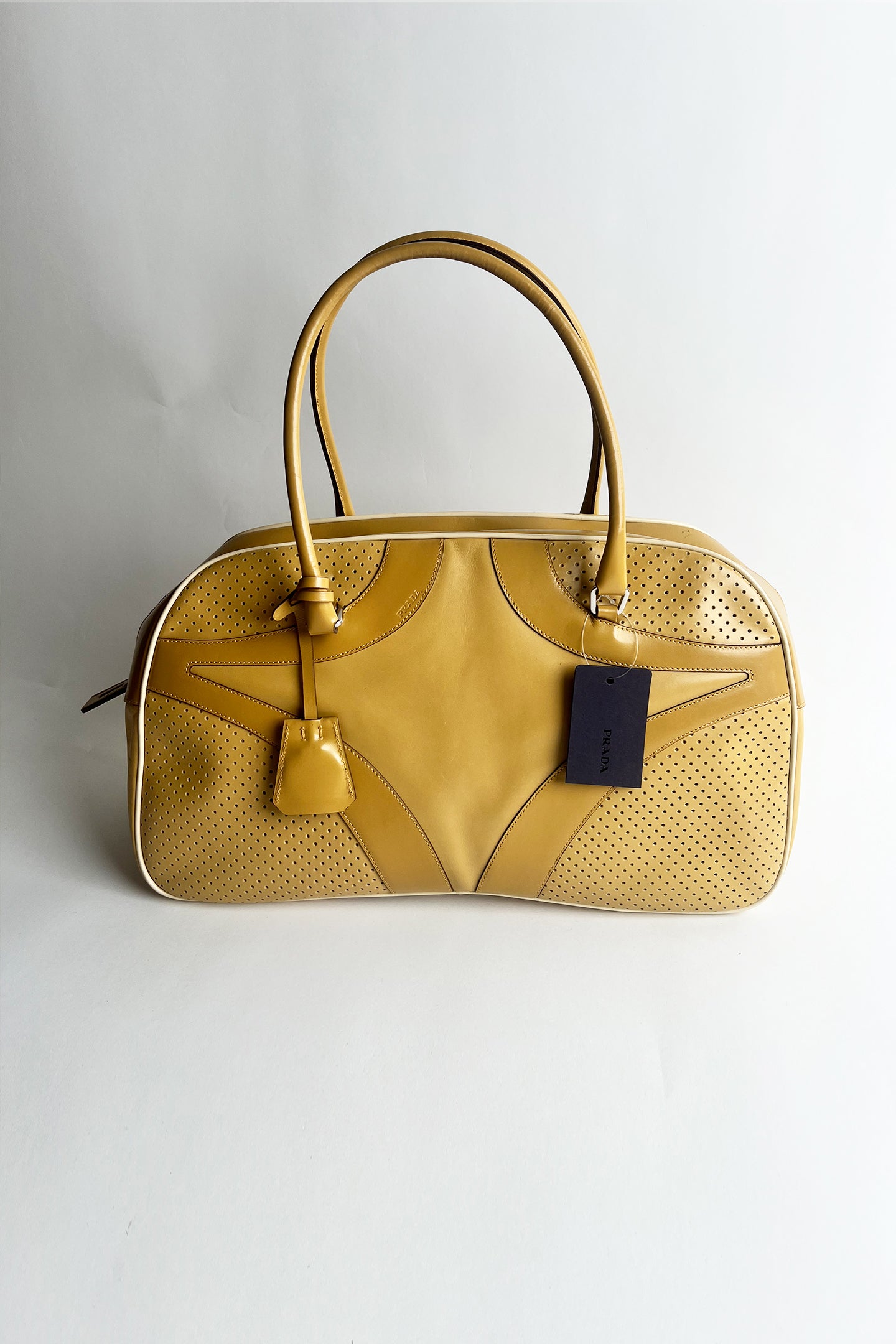 Vintage 2000s large size Prada bowling bag in Biege leather