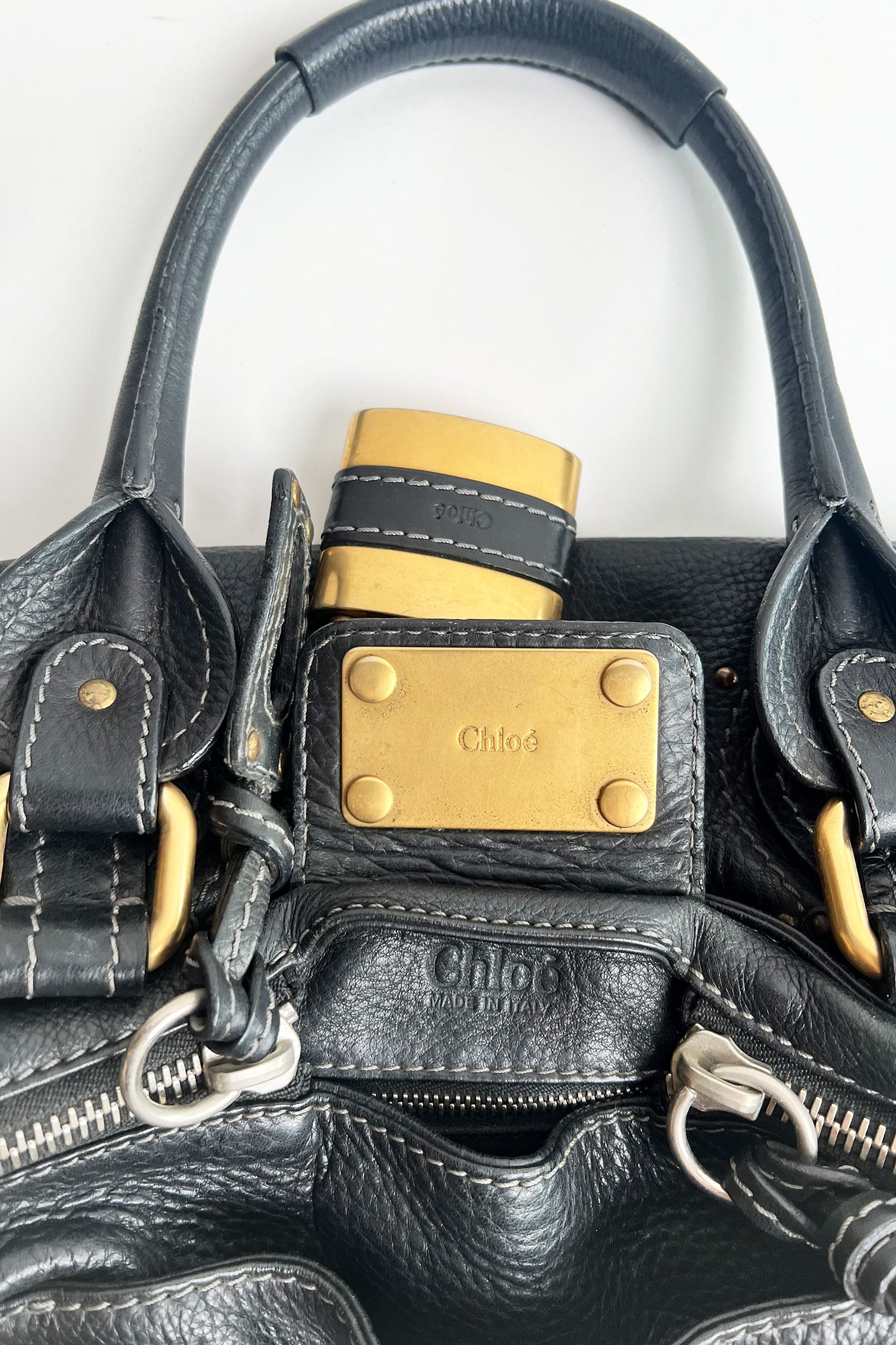 Vintage black leather Chloe Paddington bag with gold hardware