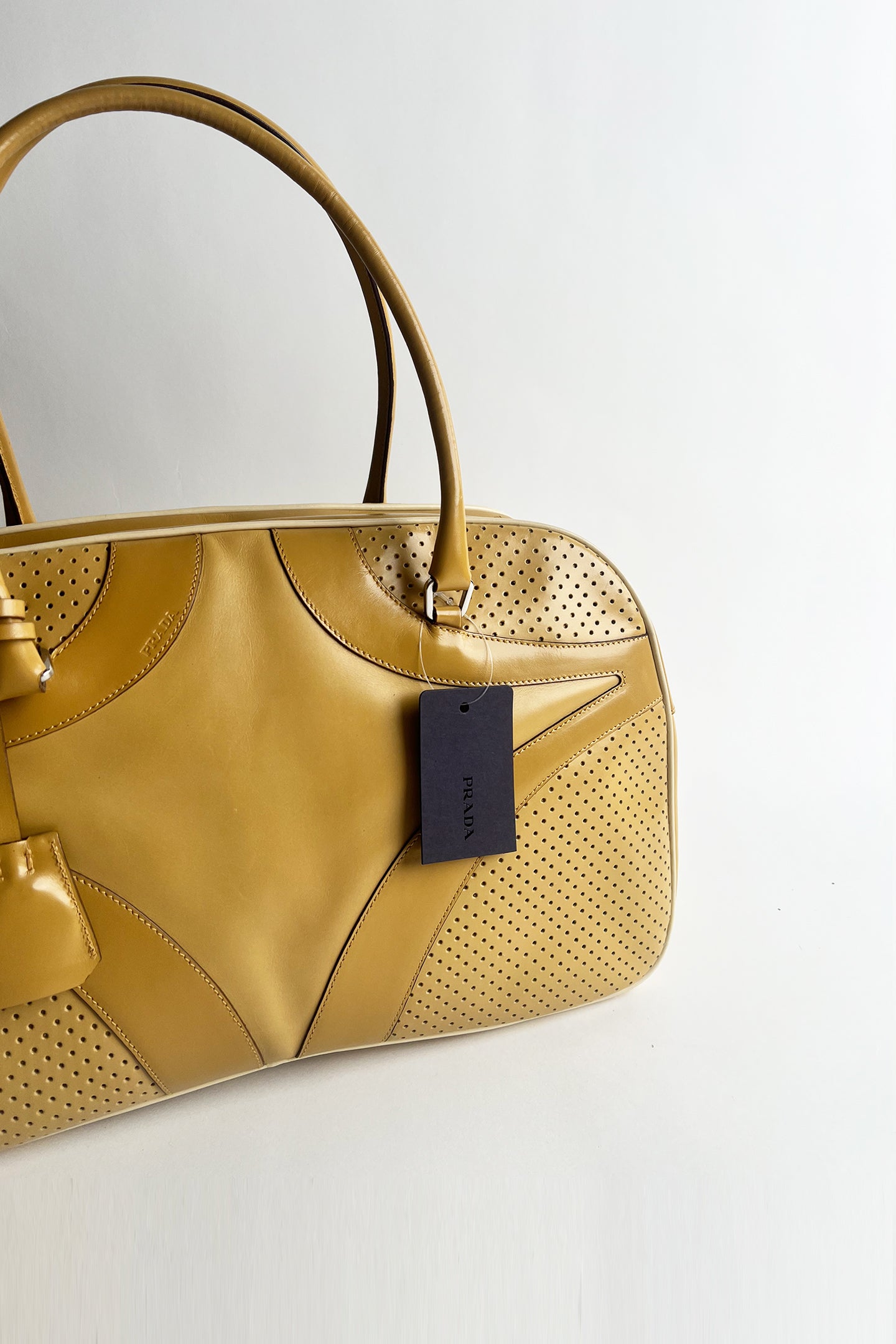 Vintage 2000s large size Prada bowling bag in Biege leather