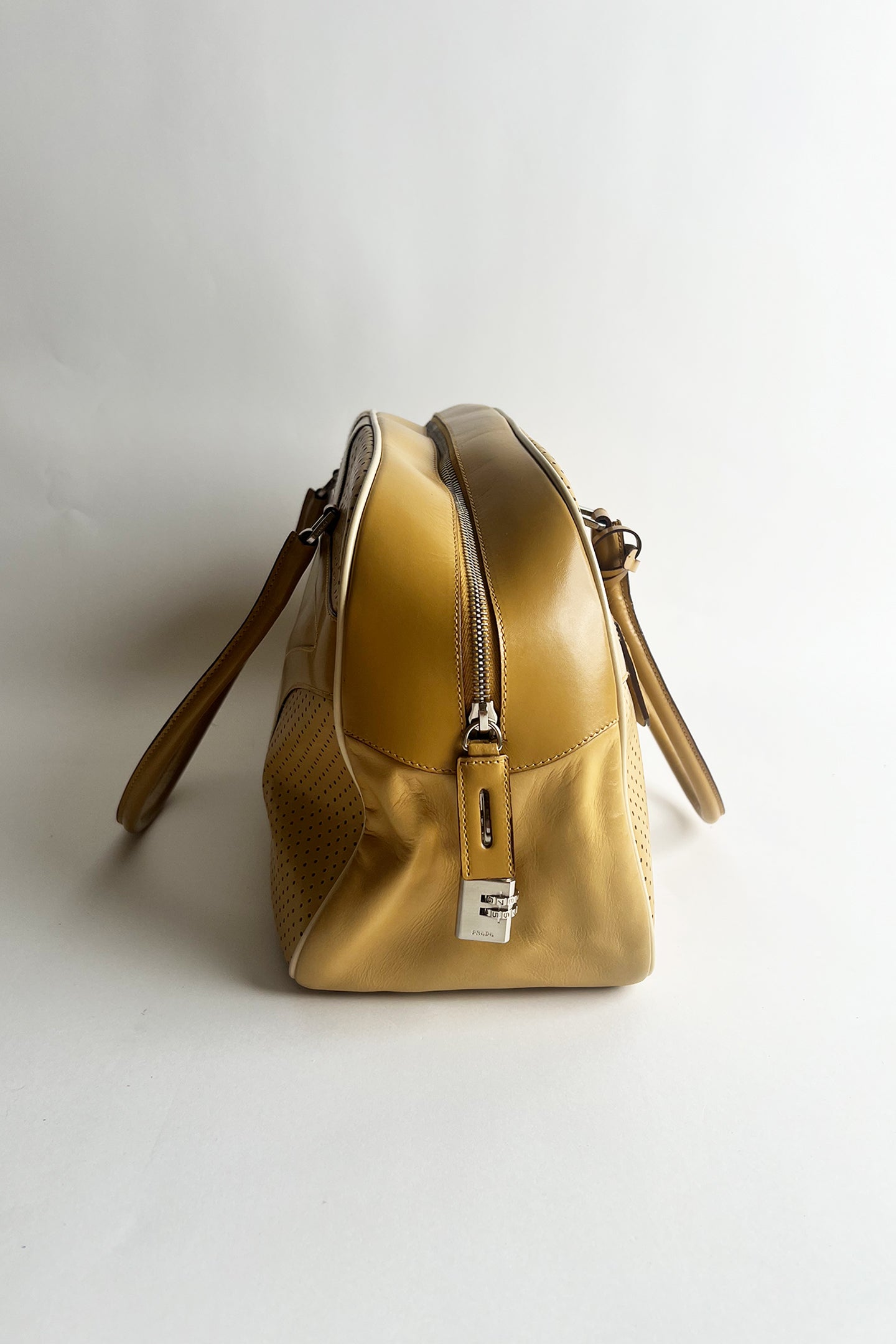 Vintage 2000s large size Prada bowling bag in Biege leather