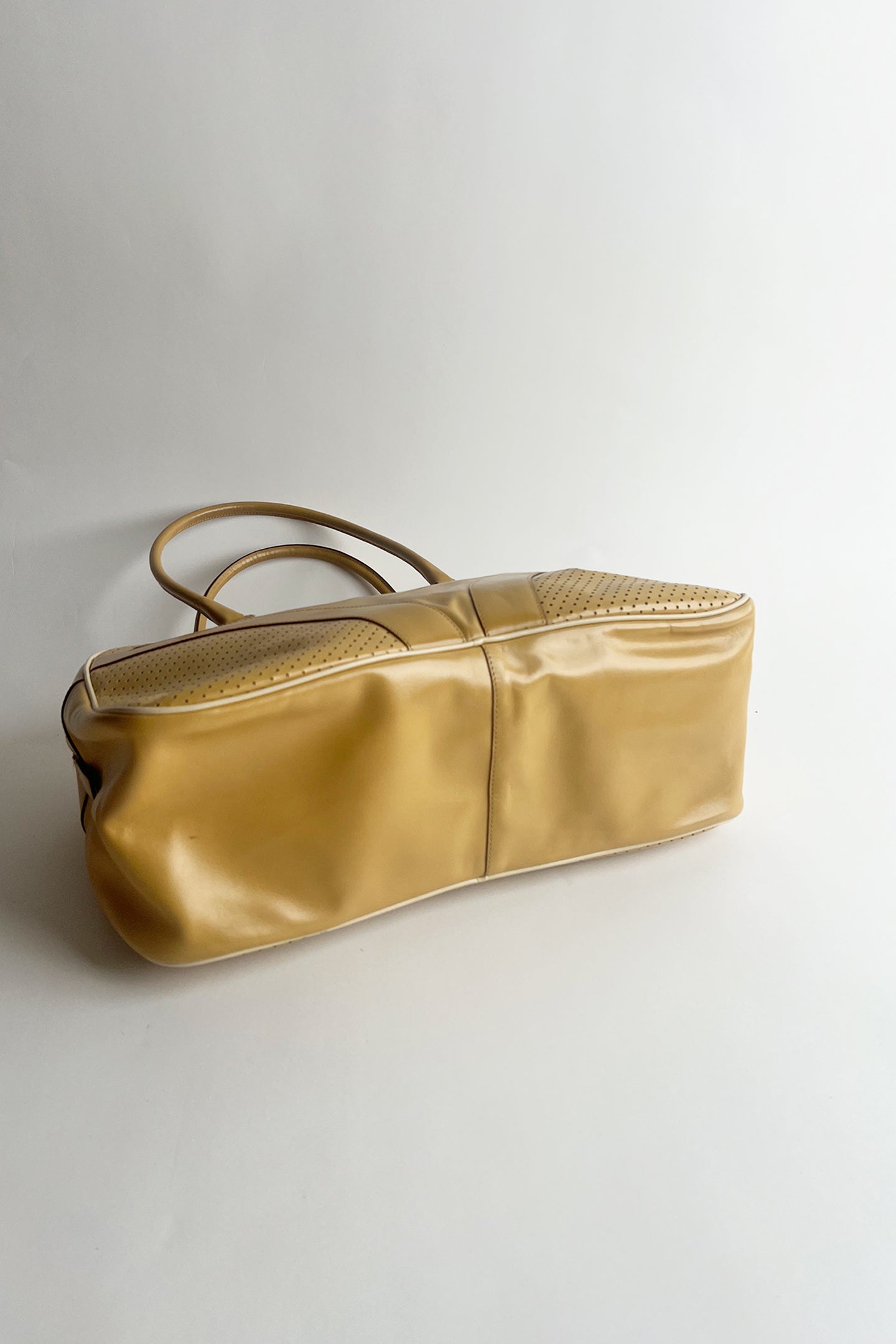 Vintage 2000s large size Prada bowling bag in Biege leather