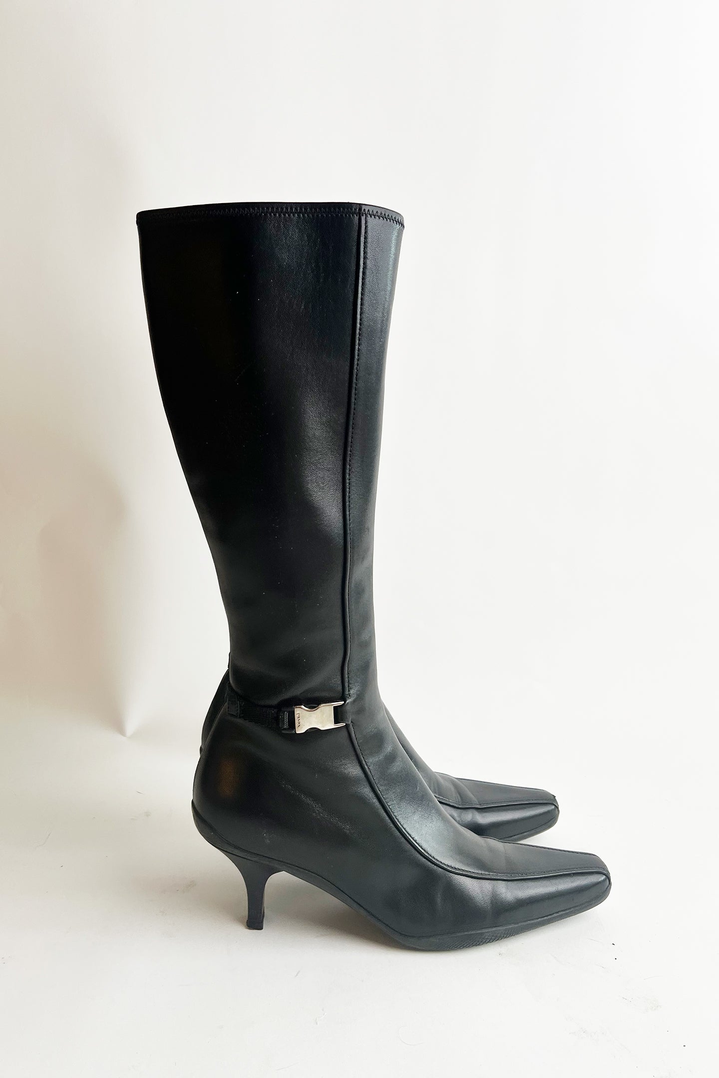 Vintage 90s black leather PRADA kitten heeled tall boots with side buckle details 38.5