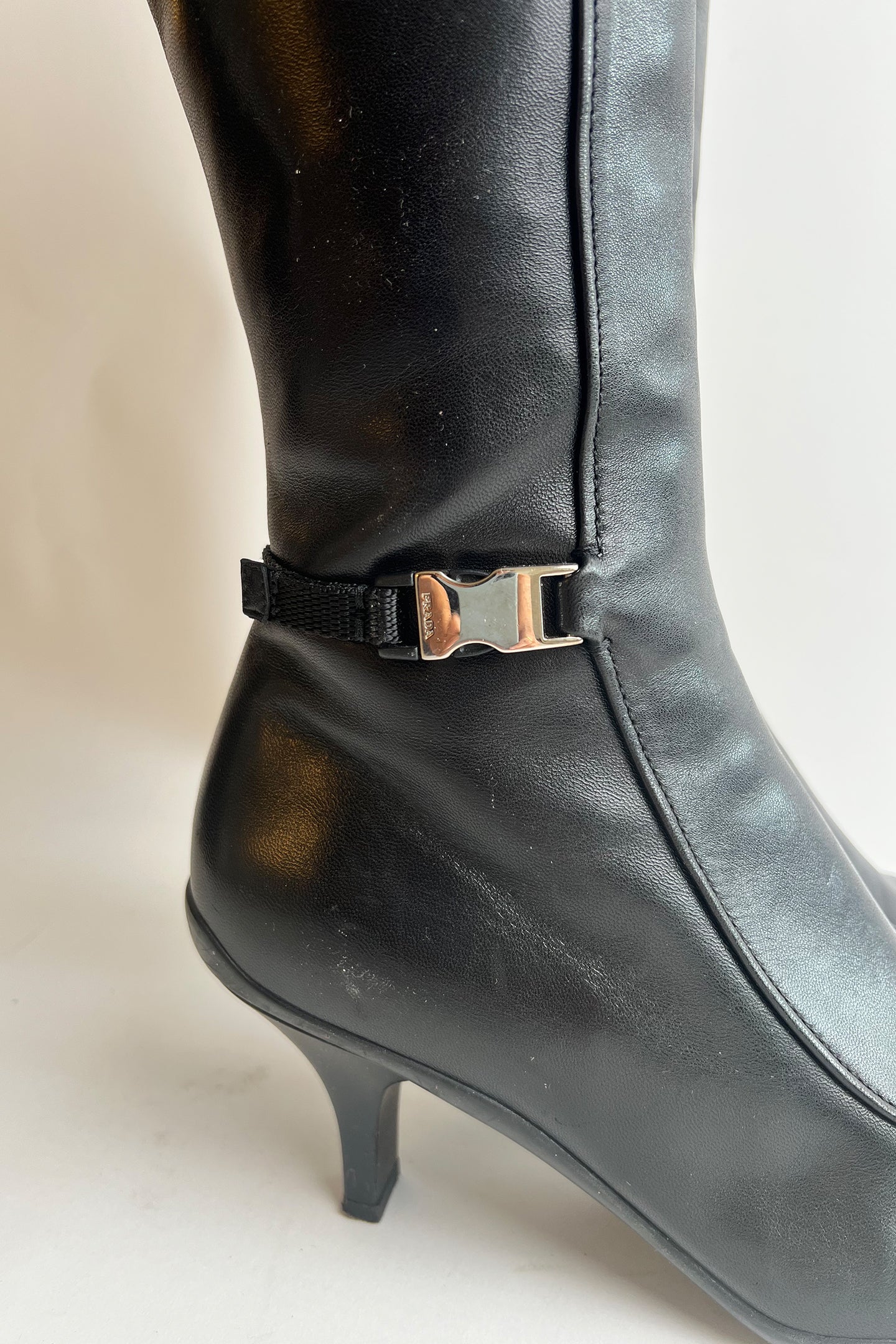 Vintage 90s black leather PRADA kitten heeled tall boots with side buckle details 38.5