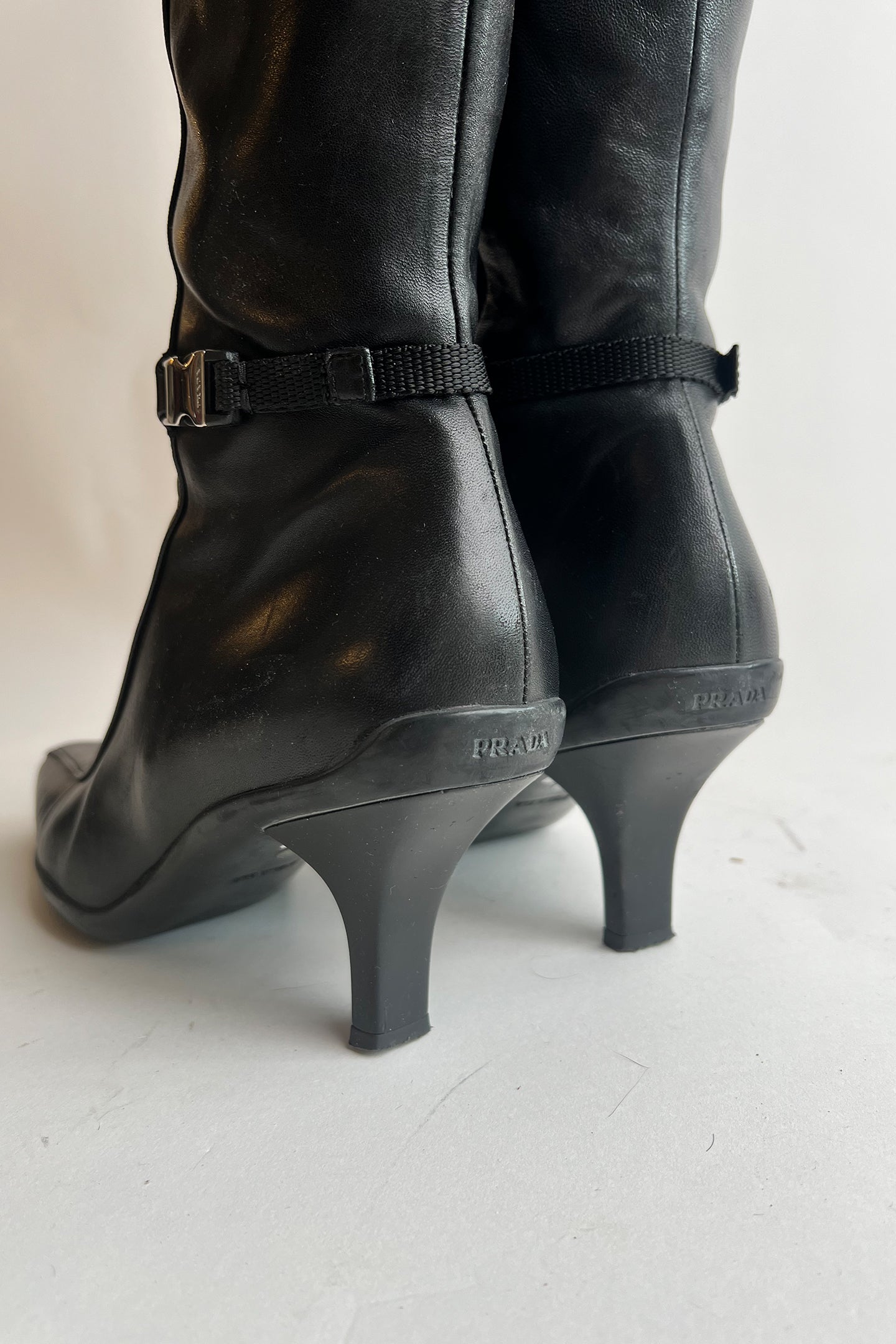 Vintage 90s black leather PRADA kitten heeled tall boots with side buckle details 38.5