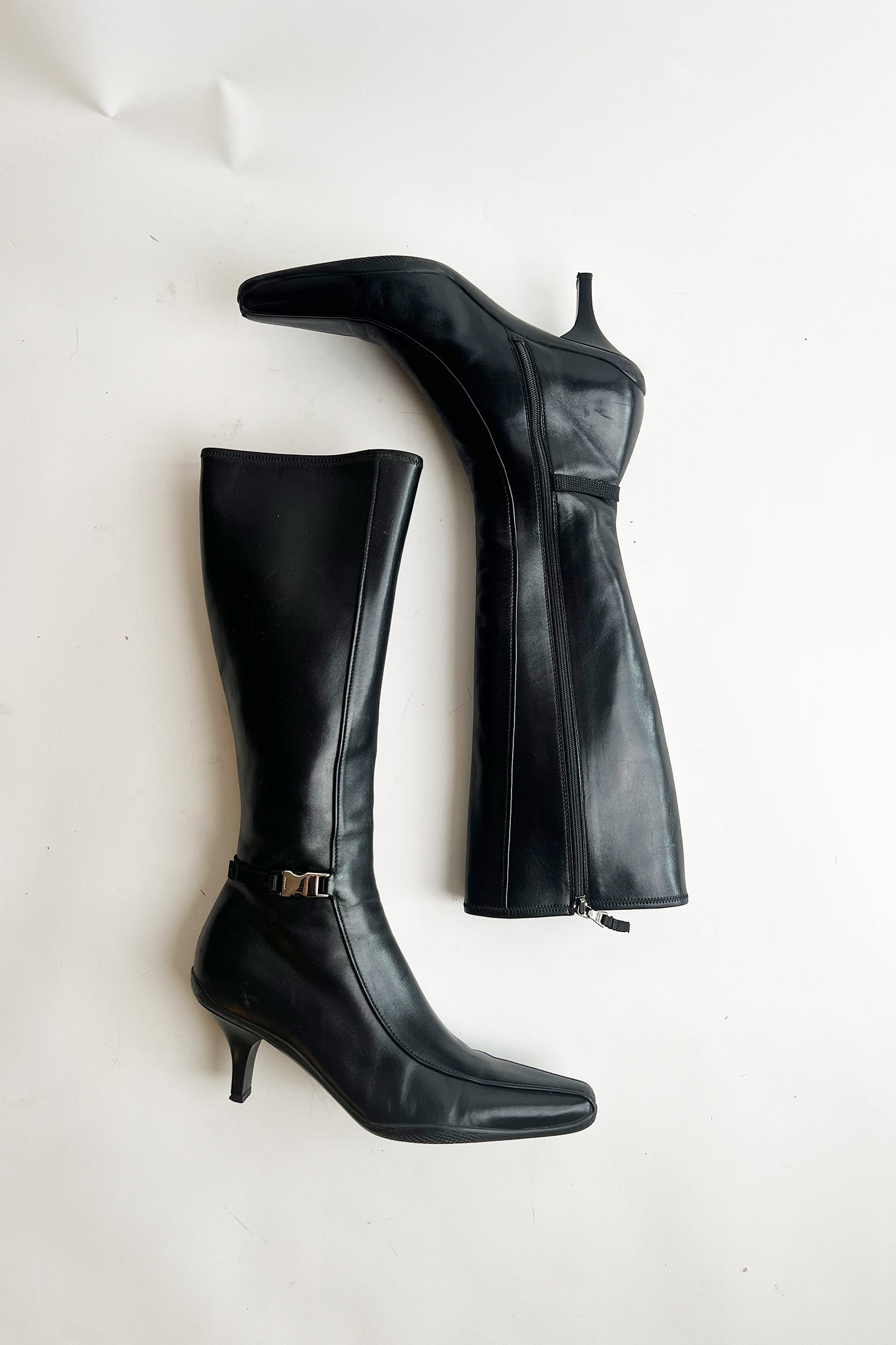 Vintage 90s black leather PRADA kitten heeled tall boots with side buckle details 38.5