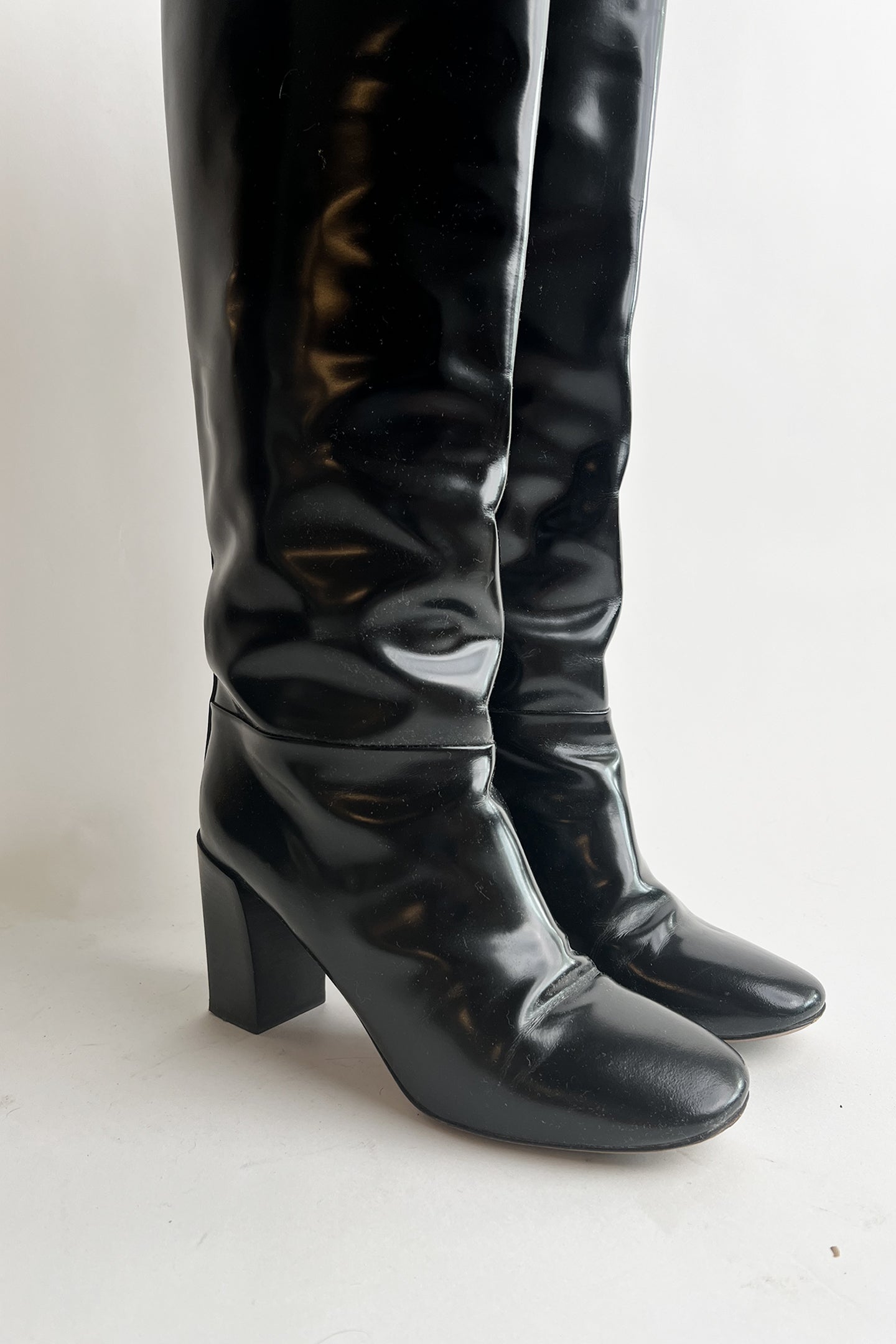 Vintage 90s black patent leather Chloe square heel tall boots 38.5