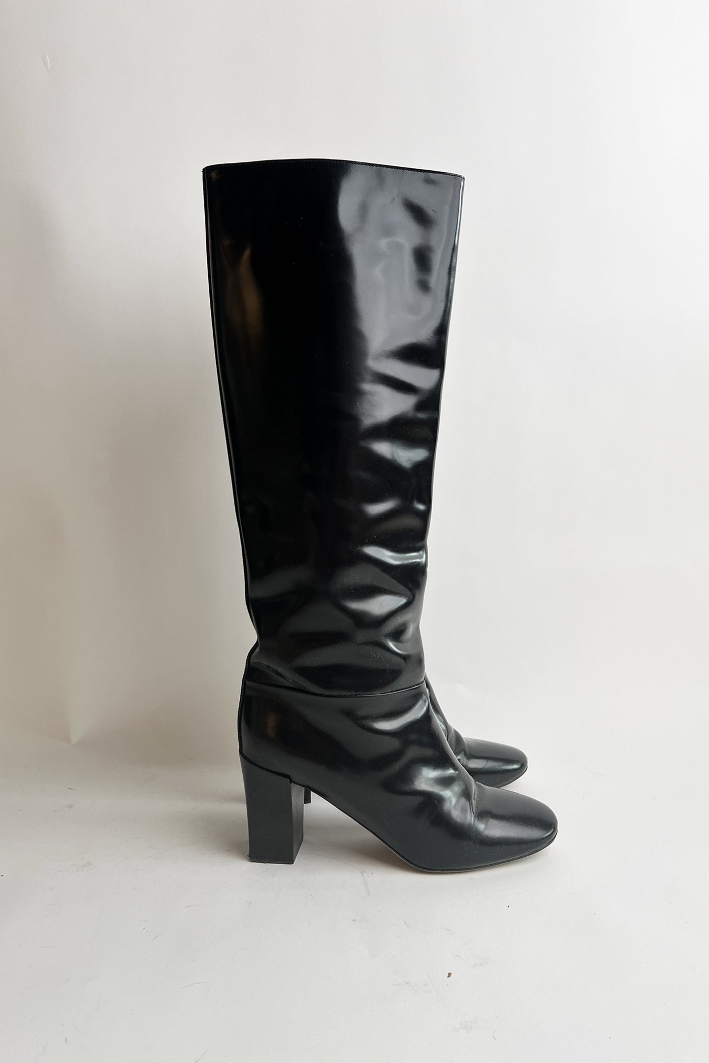 Vintage 90s black patent leather Chloe square heel tall boots 38.5