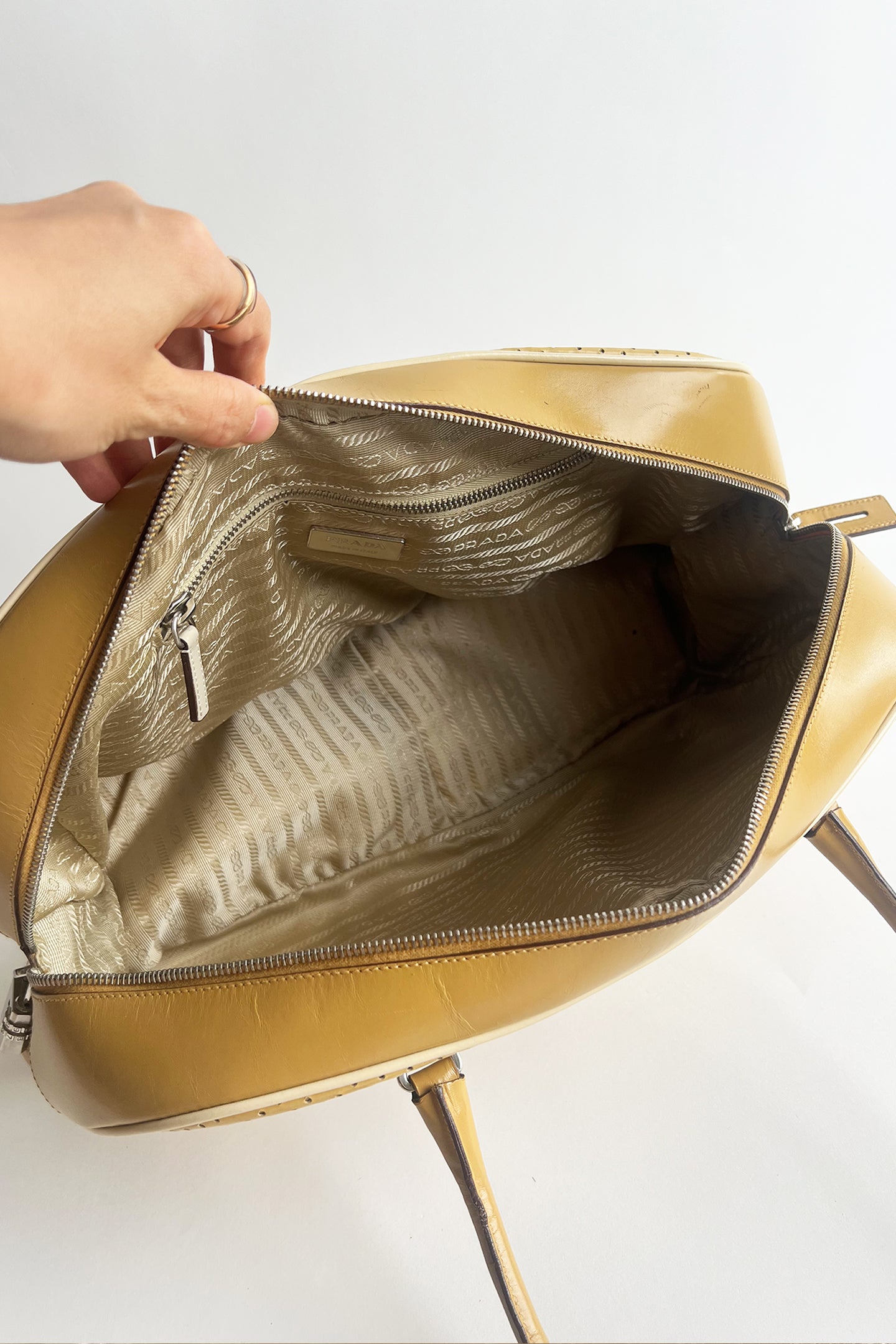 Vintage 2000s large size Prada bowling bag in Biege leather