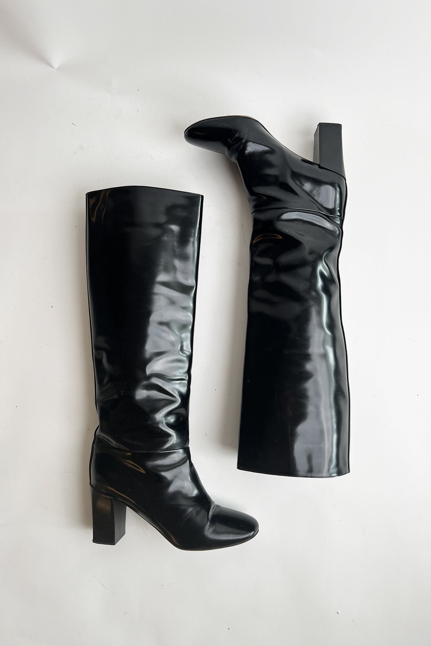 Vintage 90s black patent leather Chloe square heel tall boots 38.5