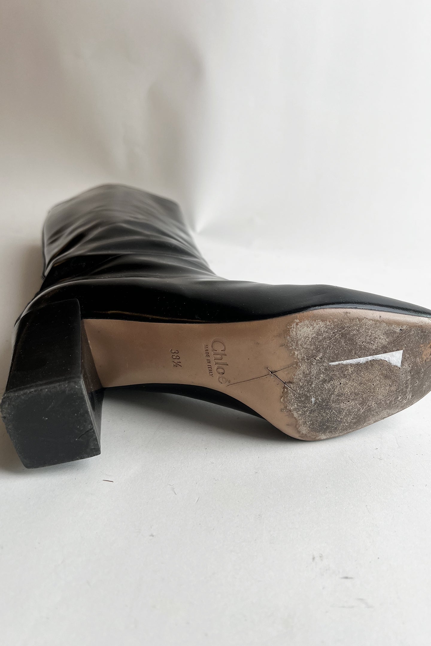 Vintage 90s black patent leather Chloe square heel tall boots 38.5