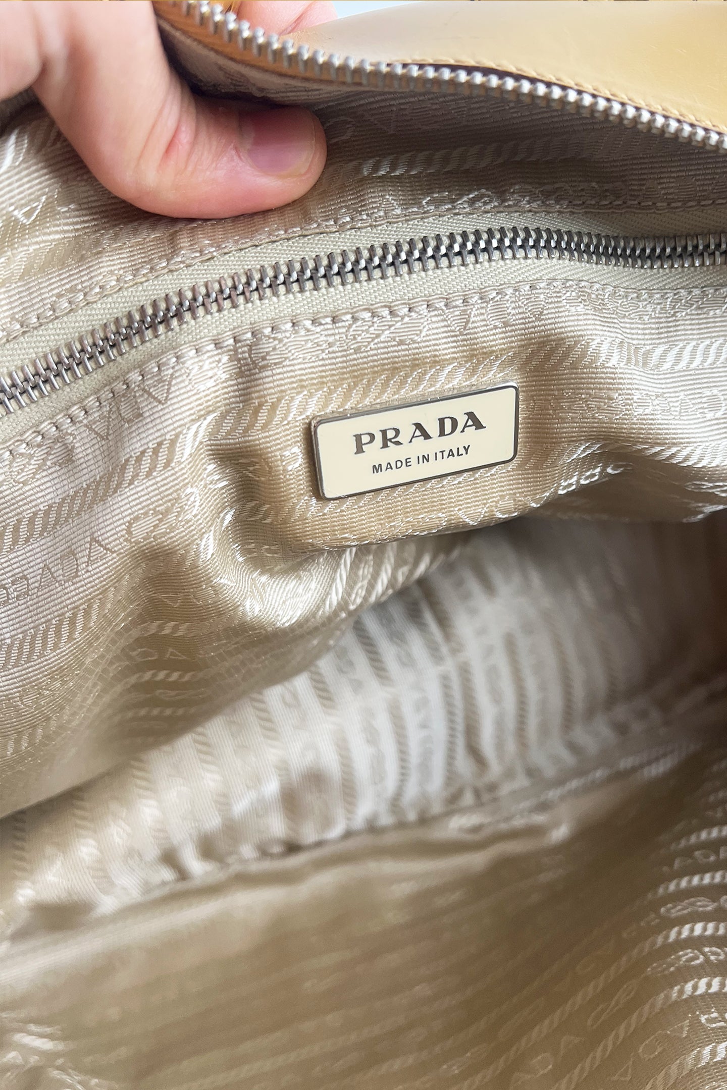 Vintage 2000s large size Prada bowling bag in Biege leather