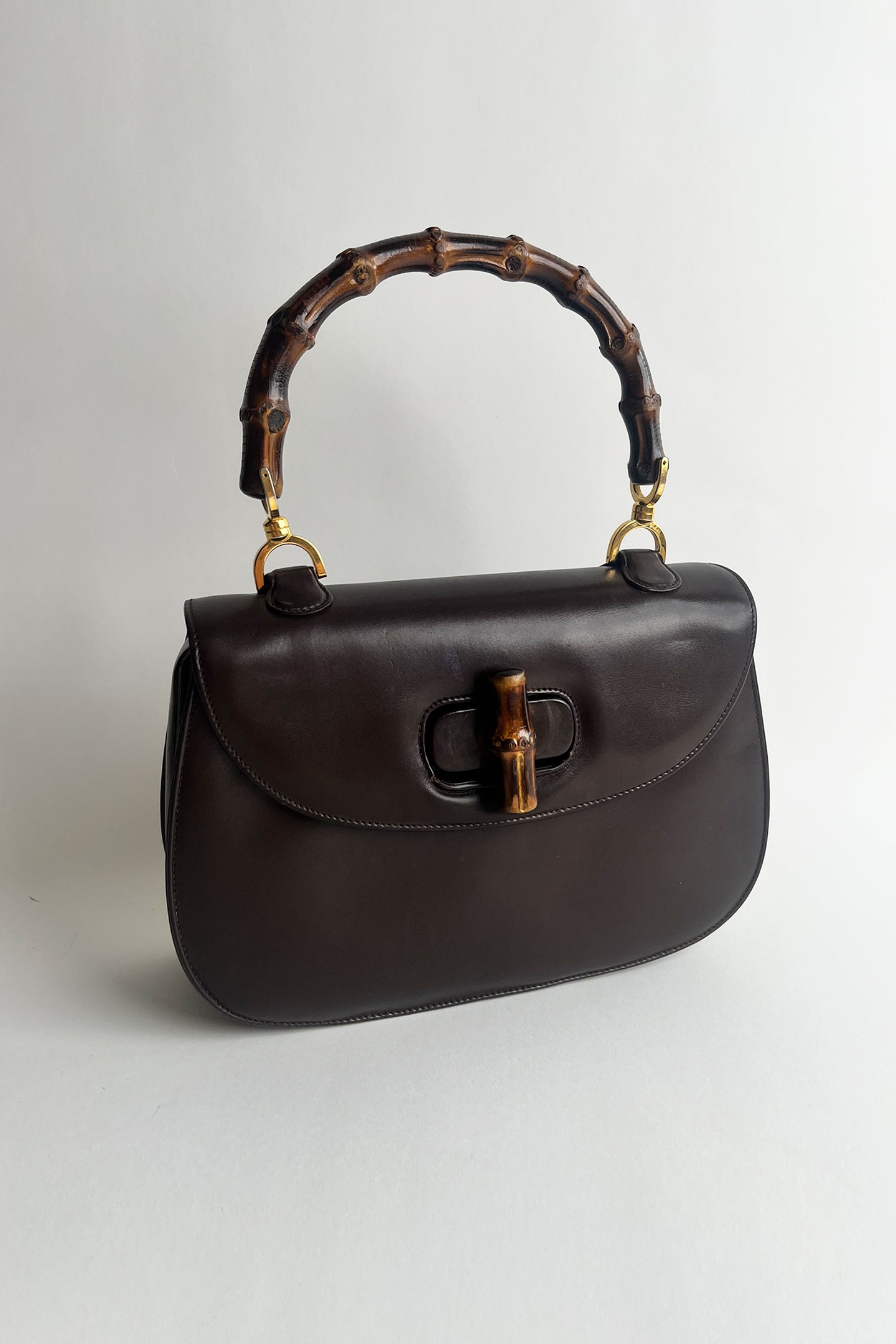 Vintage 1970s Gucci 1947 bag in brown box leather with real bamboo handle