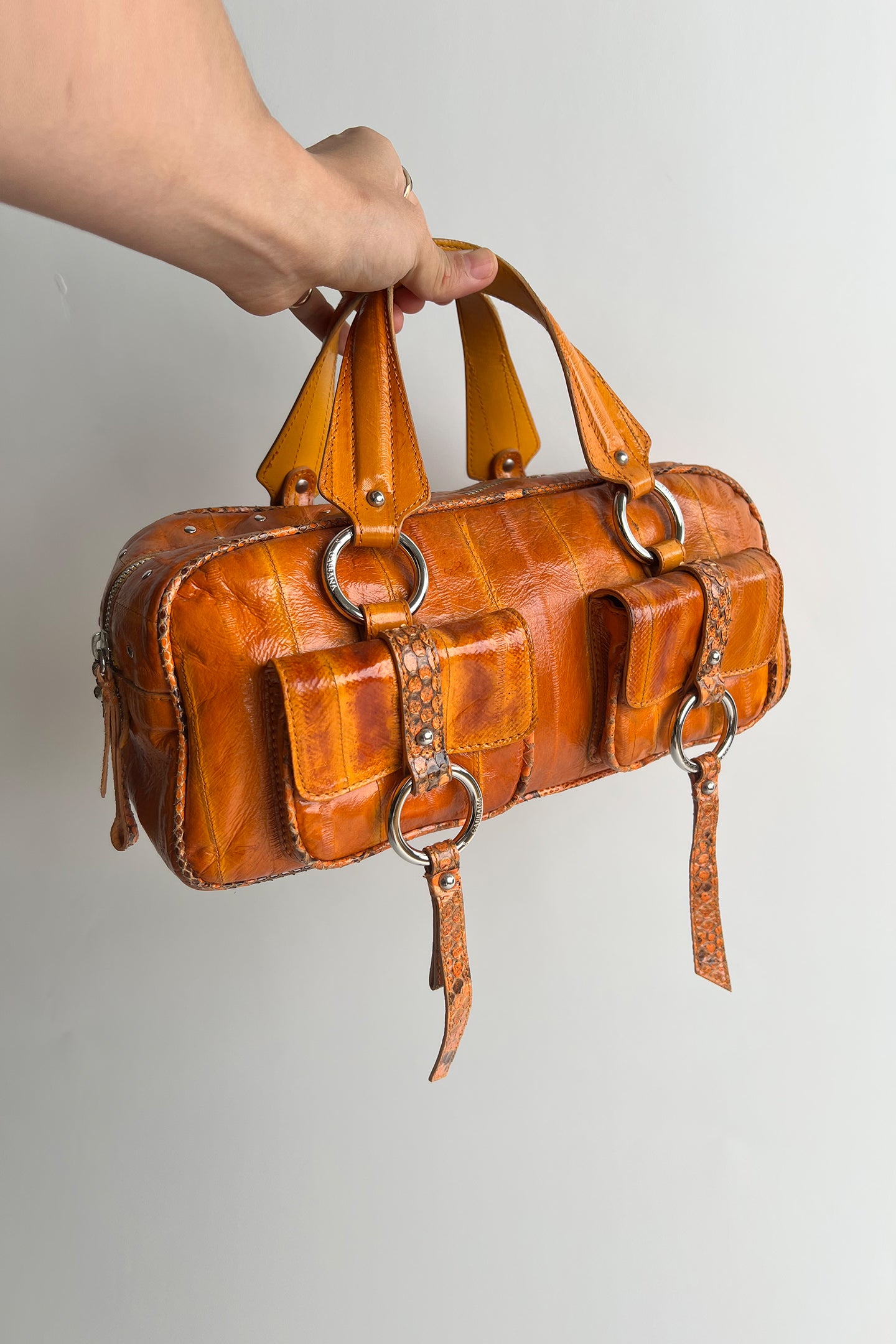Vintage 90s y2k D&G orange leather handbag with python trims