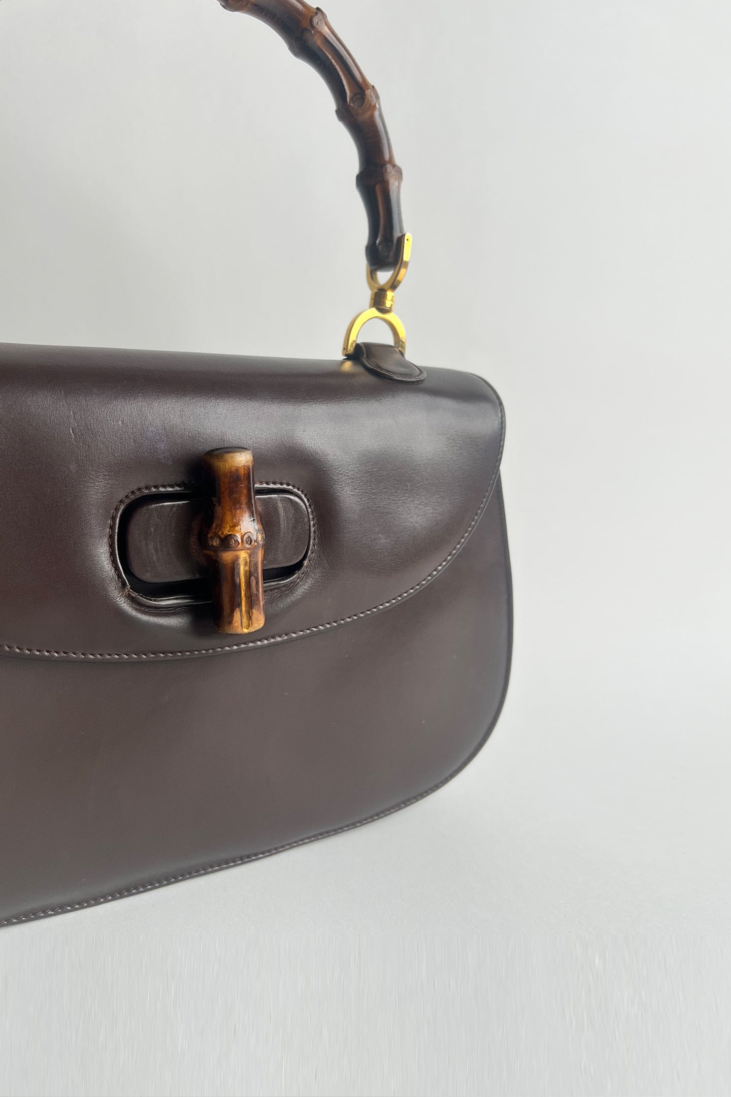 Vintage 1970s Gucci 1947 bag in brown box leather with real bamboo handle