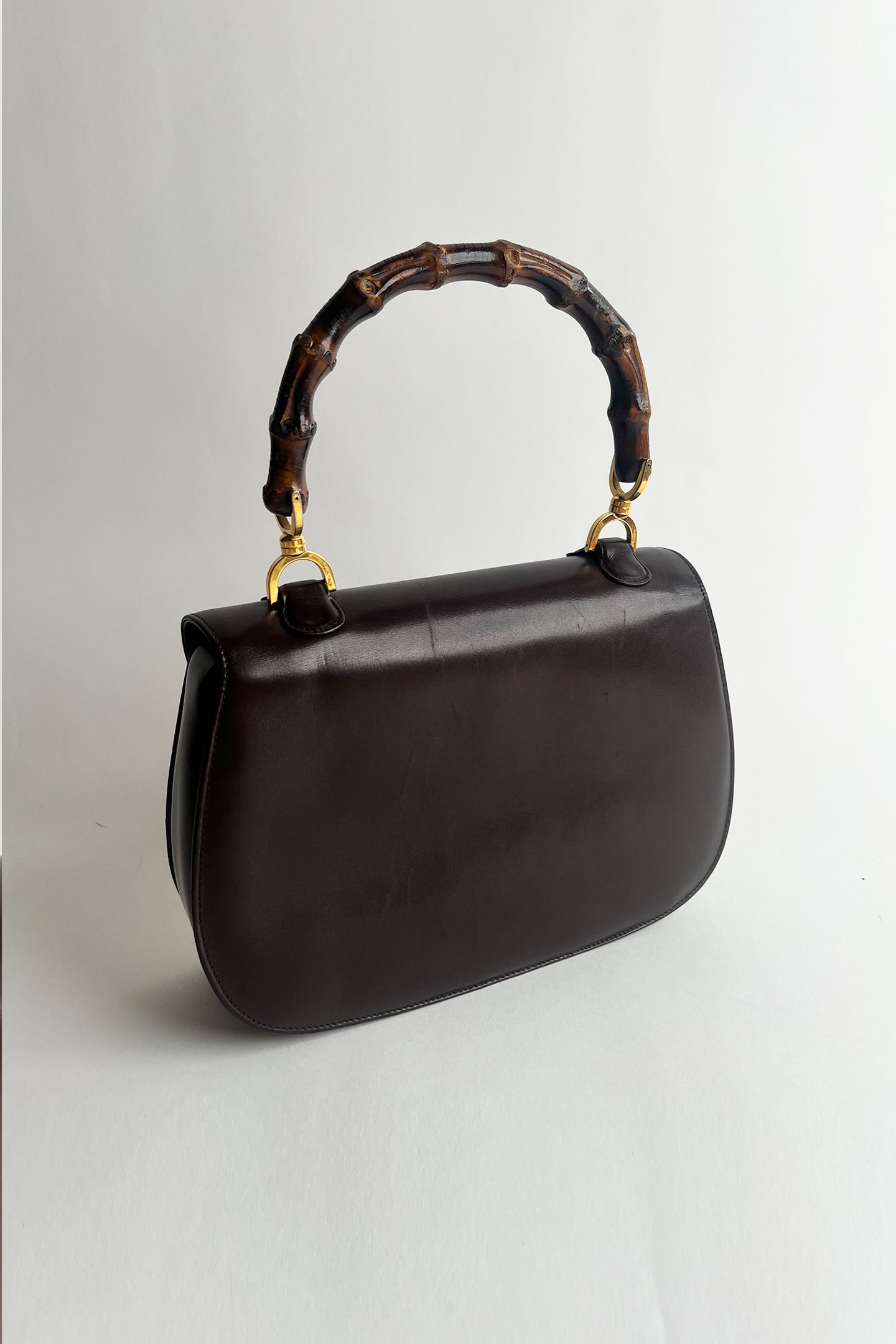 Vintage 1970s Gucci 1947 bag in brown box leather with real bamboo handle