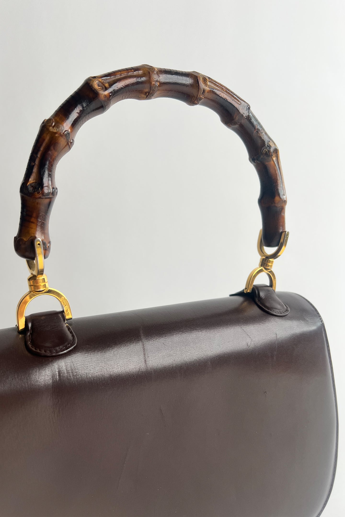 Vintage 1970s Gucci 1947 bag in brown box leather with real bamboo handle