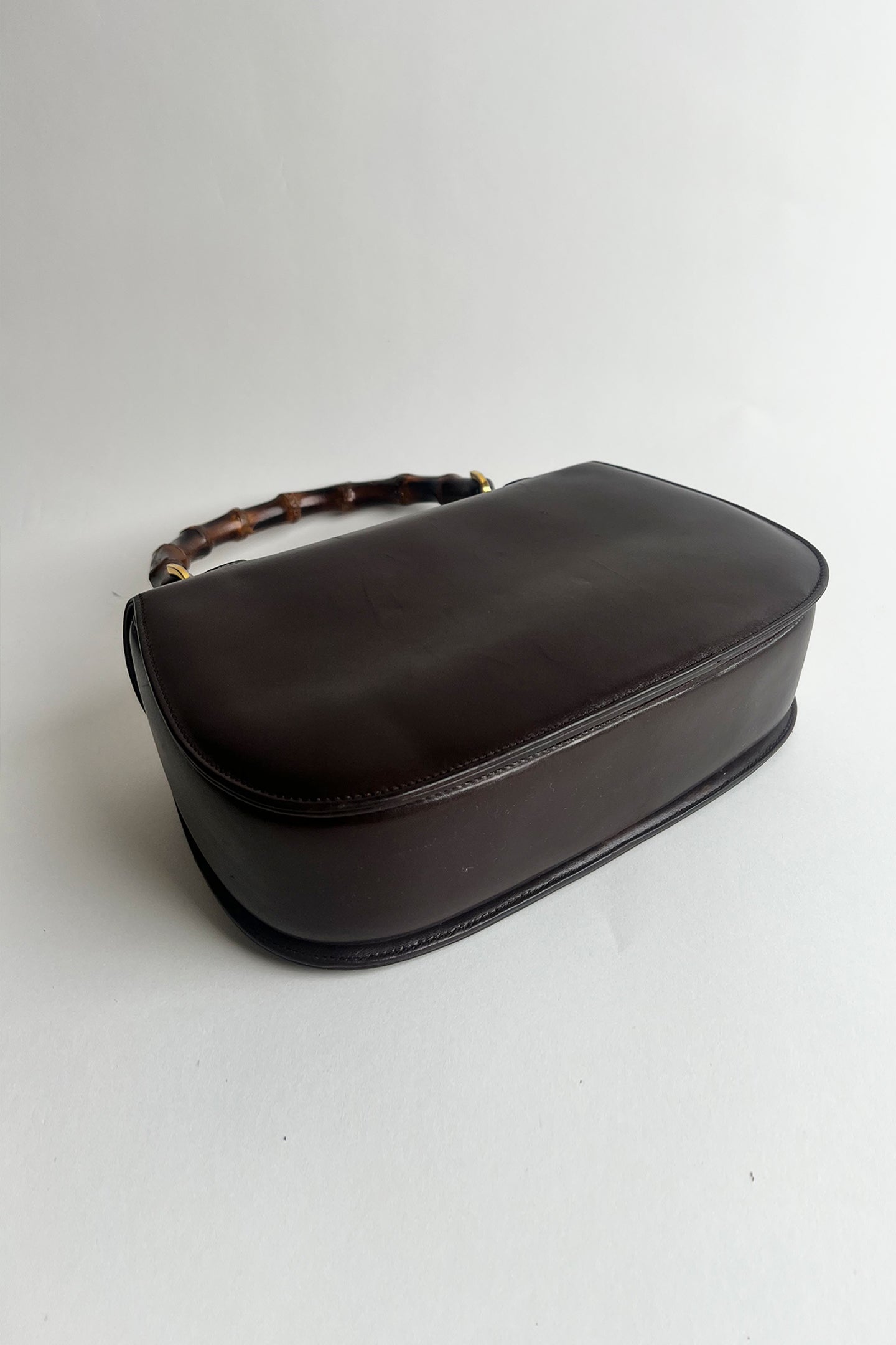 Vintage 1970s Gucci 1947 bag in brown box leather with real bamboo handle