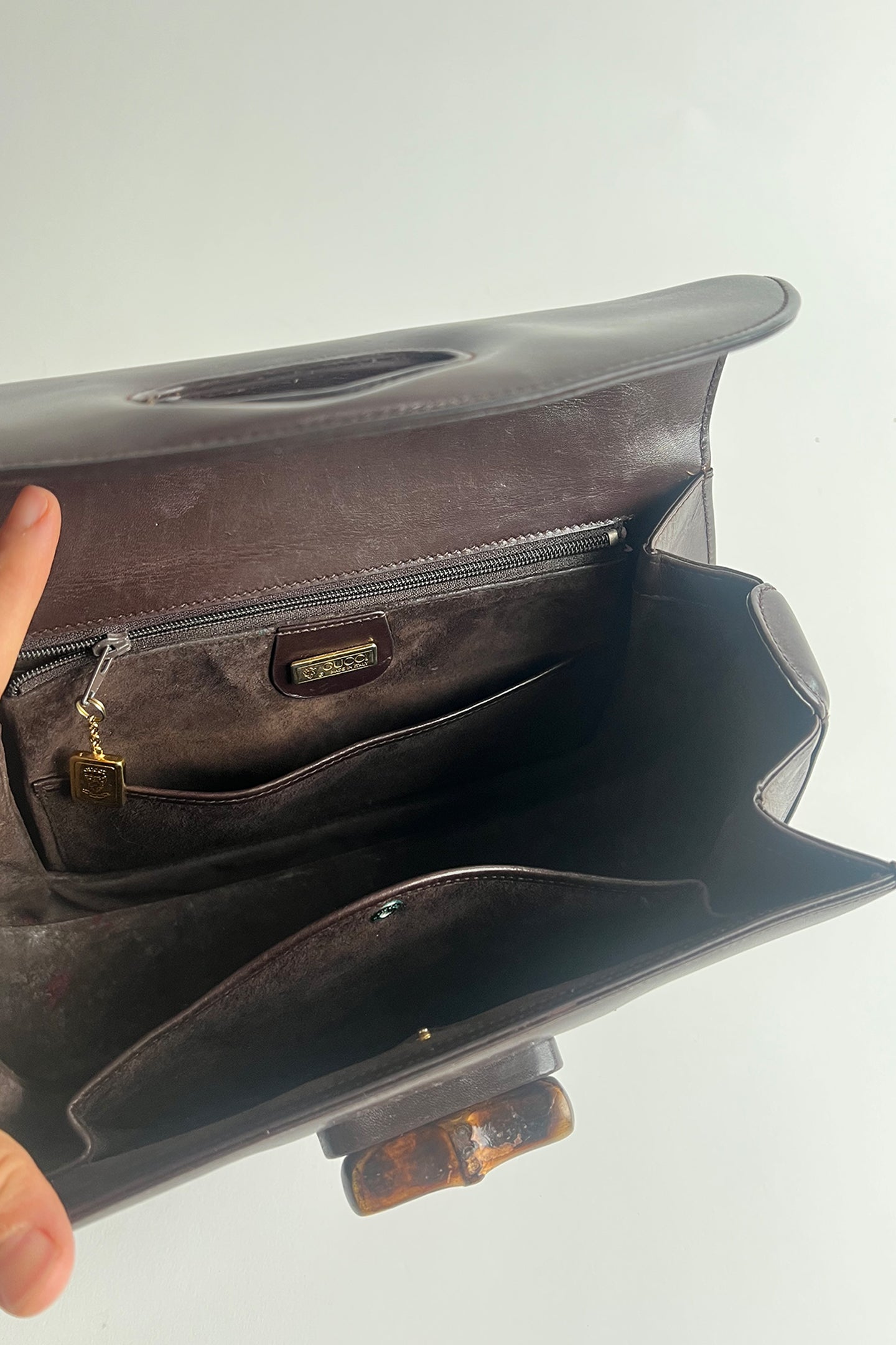 Vintage 1970s Gucci 1947 bag in brown box leather with real bamboo handle