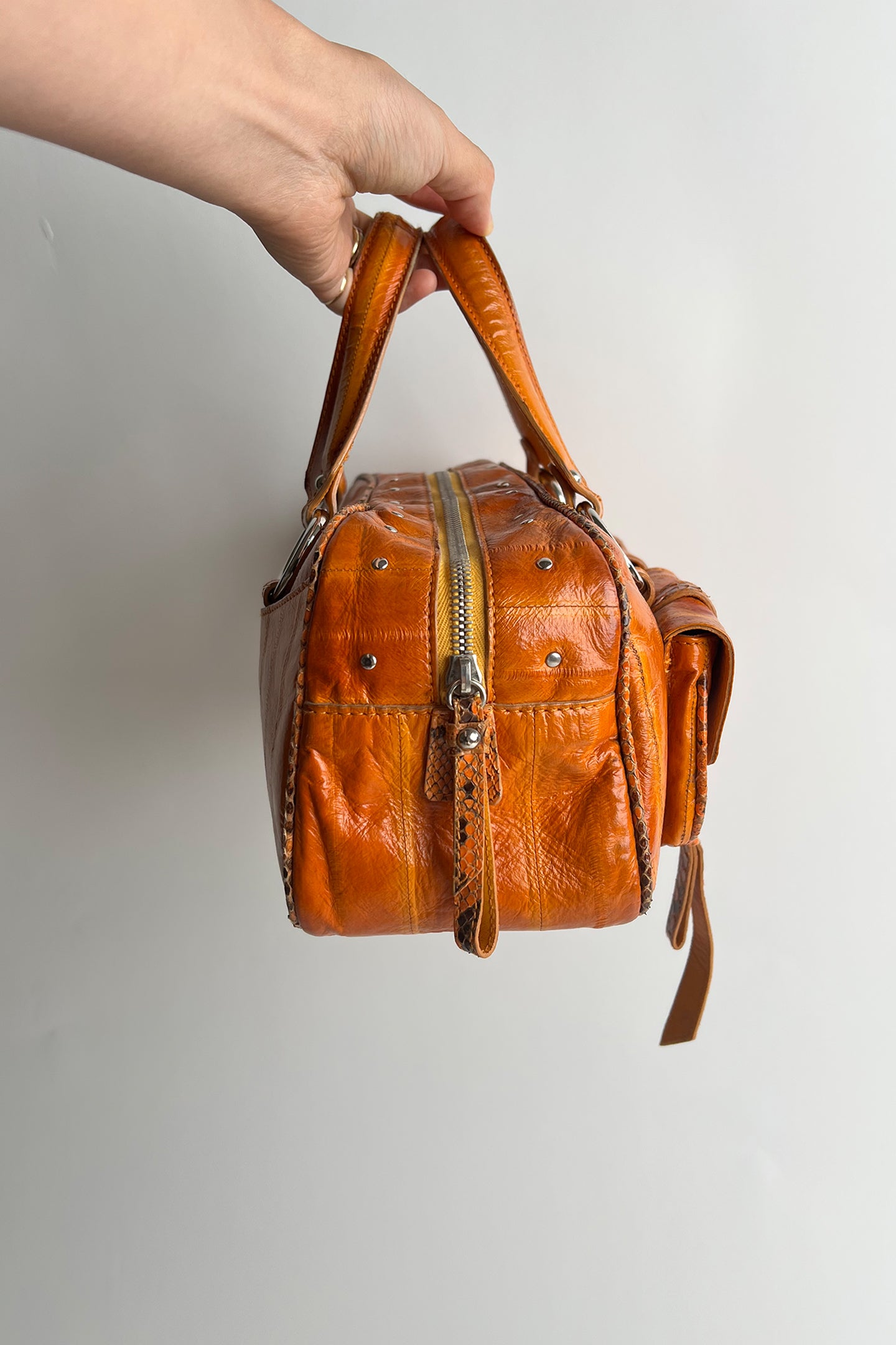 Vintage 90s y2k D&G orange leather handbag with python trims
