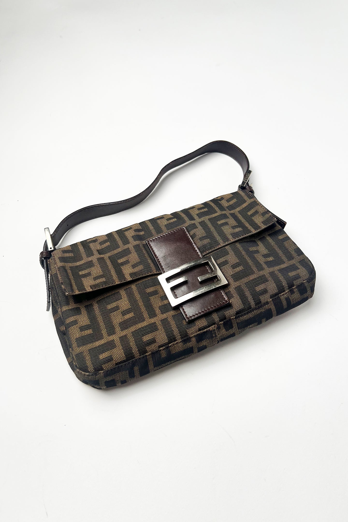 Vintage FENDI Brown Zucca Canvas & Calfskin Leather Vintage Baguette