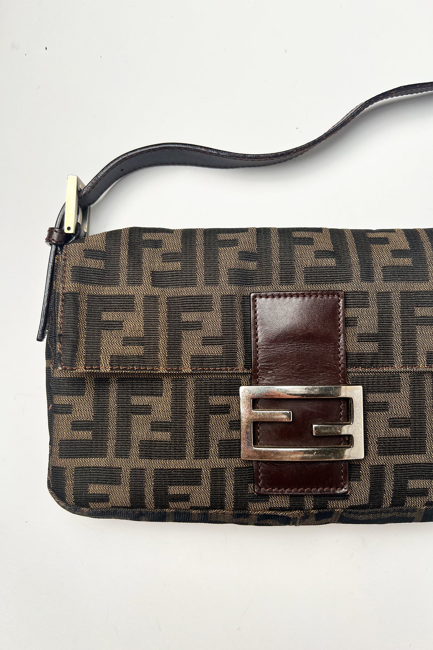 Vintage FENDI Brown Zucca Canvas & Calfskin Leather Vintage Baguette