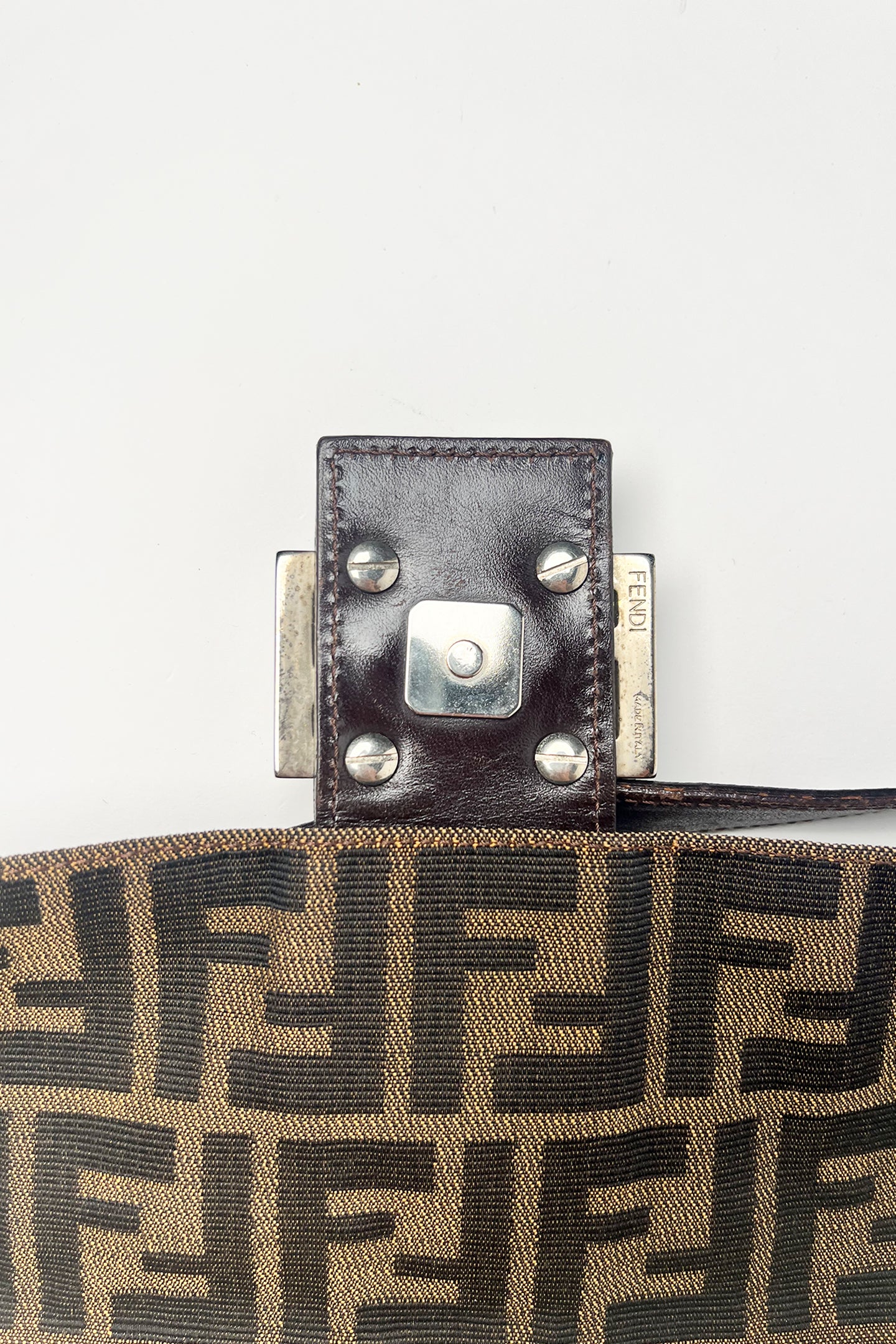 Vintage FENDI Brown Zucca Canvas & Calfskin Leather Vintage Baguette