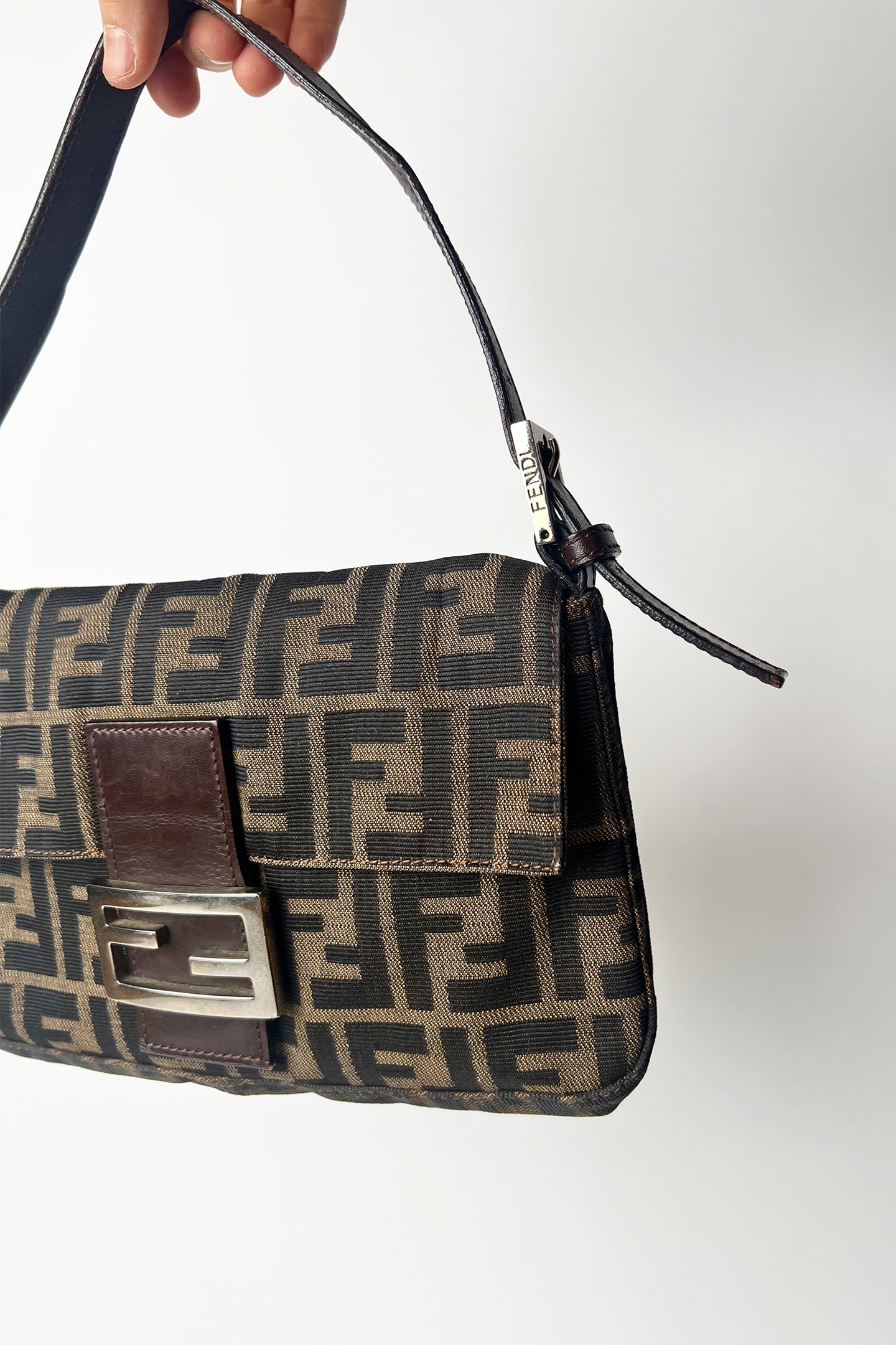 Vintage FENDI Brown Zucca Canvas & Calfskin Leather Vintage Baguette
