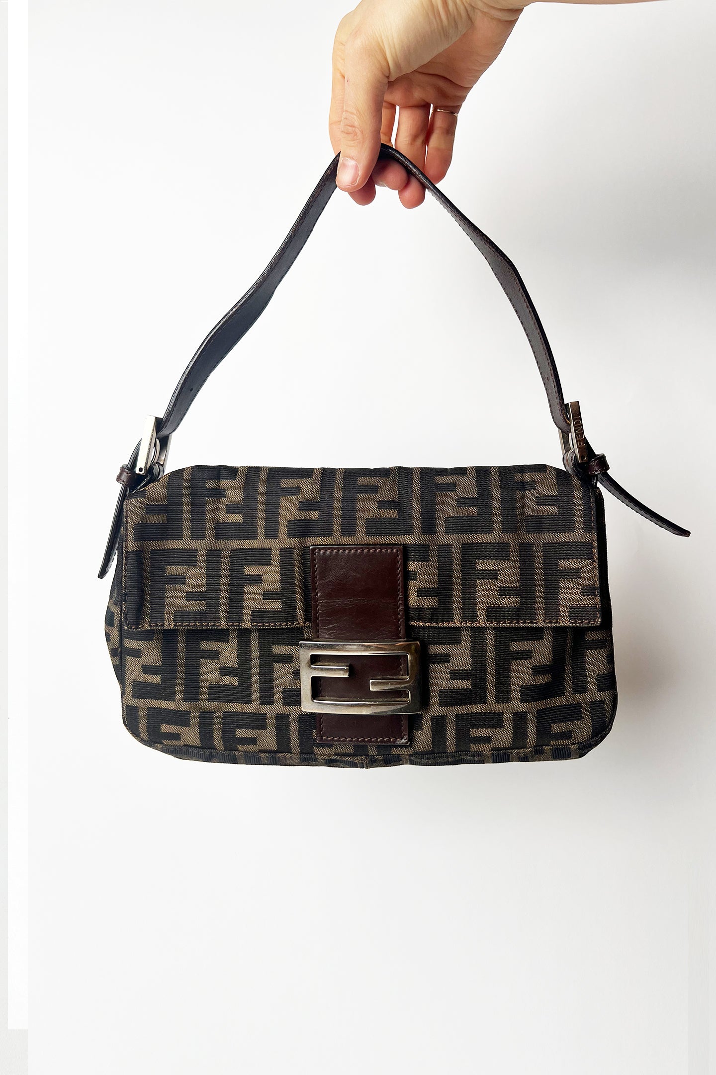 Vintage FENDI Brown Zucca Canvas & Calfskin Leather Vintage Baguette