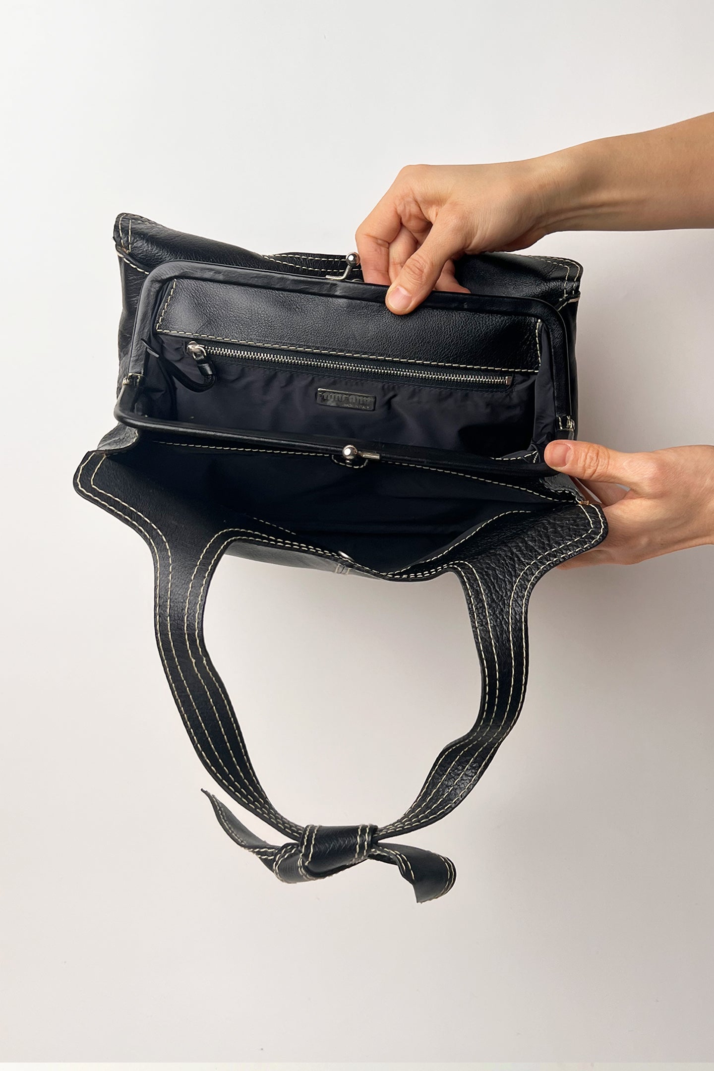 Vintage 90s Rare Miu Miu bow tie black leather shoulder bag with white stitches