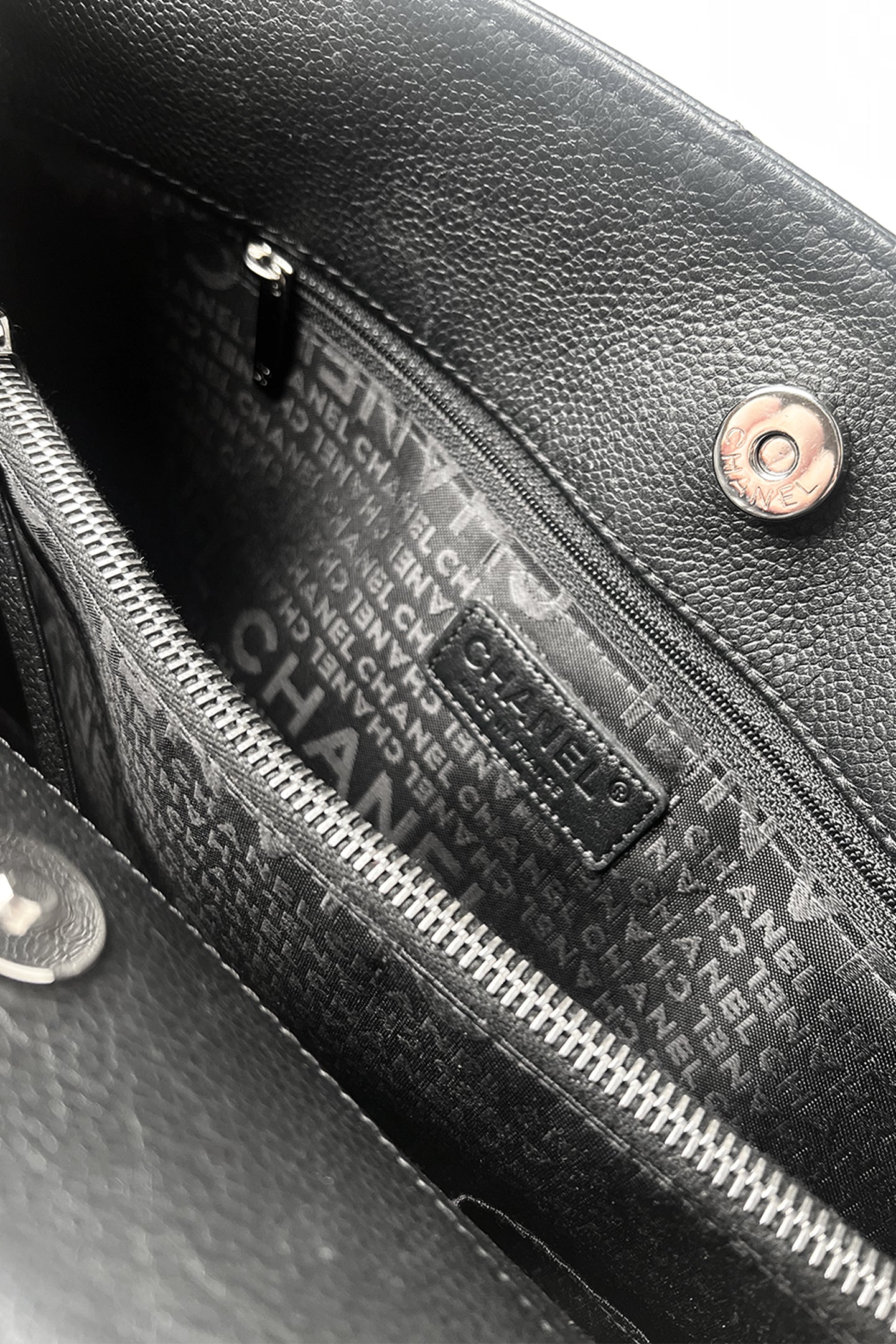 Vintage Chanel black leather stitched leather tote