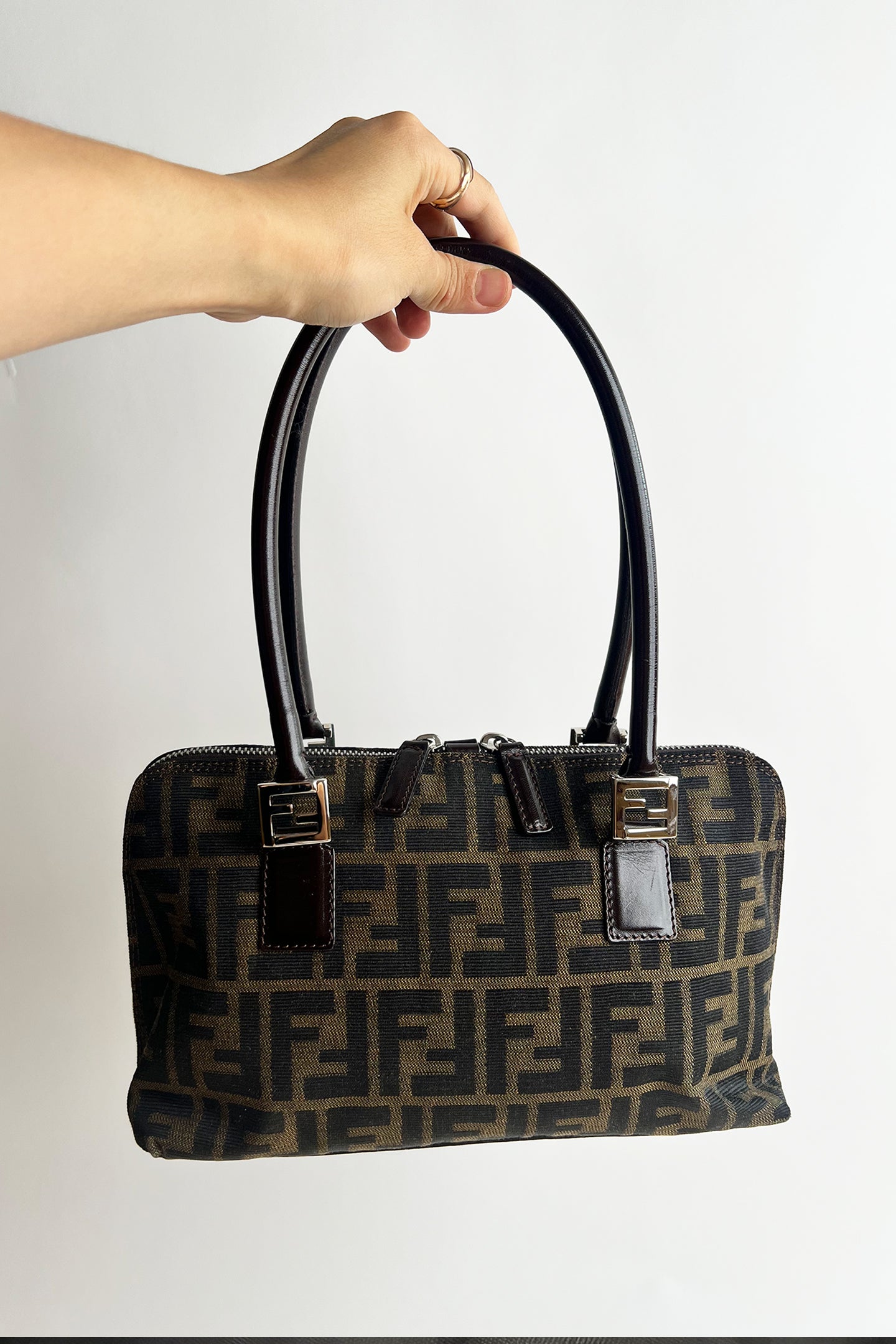 Vintage FENDI zucca double handle shoulder bag with double top zipper