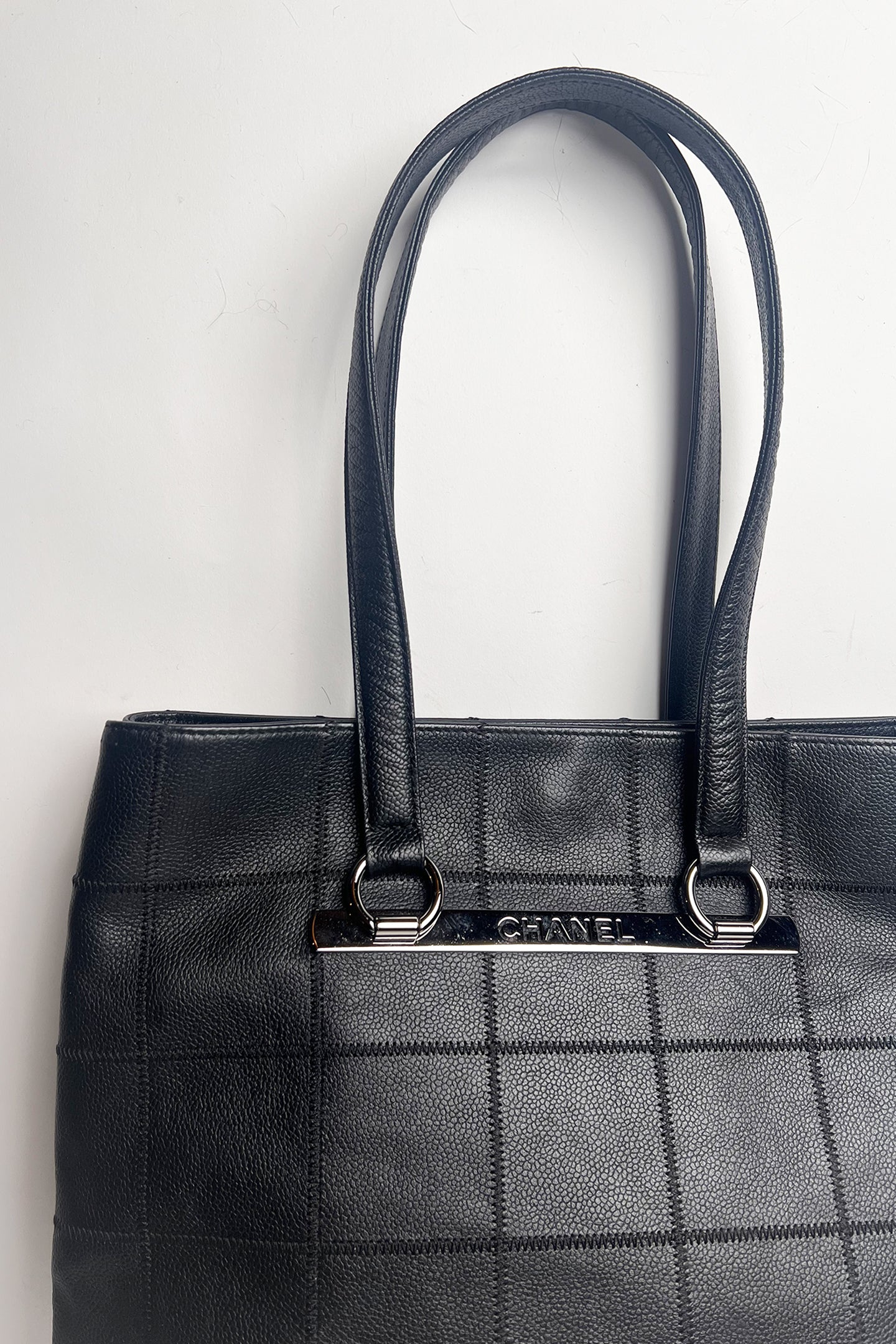 Vintage Chanel black leather stitched leather tote