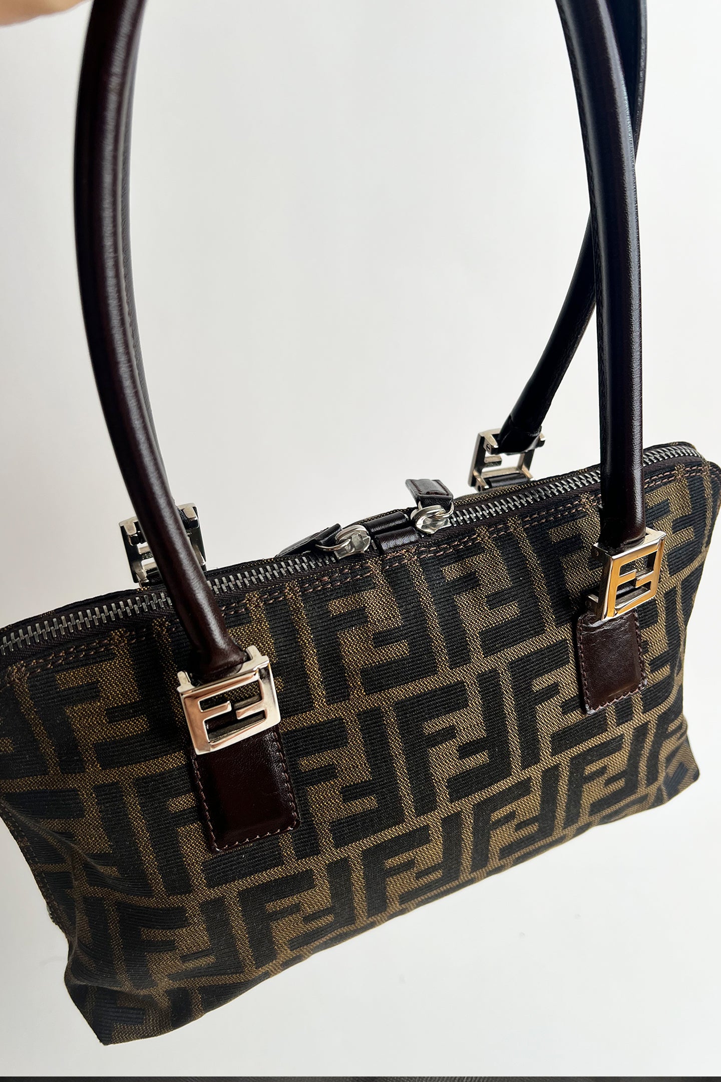Vintage FENDI zucca double handle shoulder bag with double top zipper