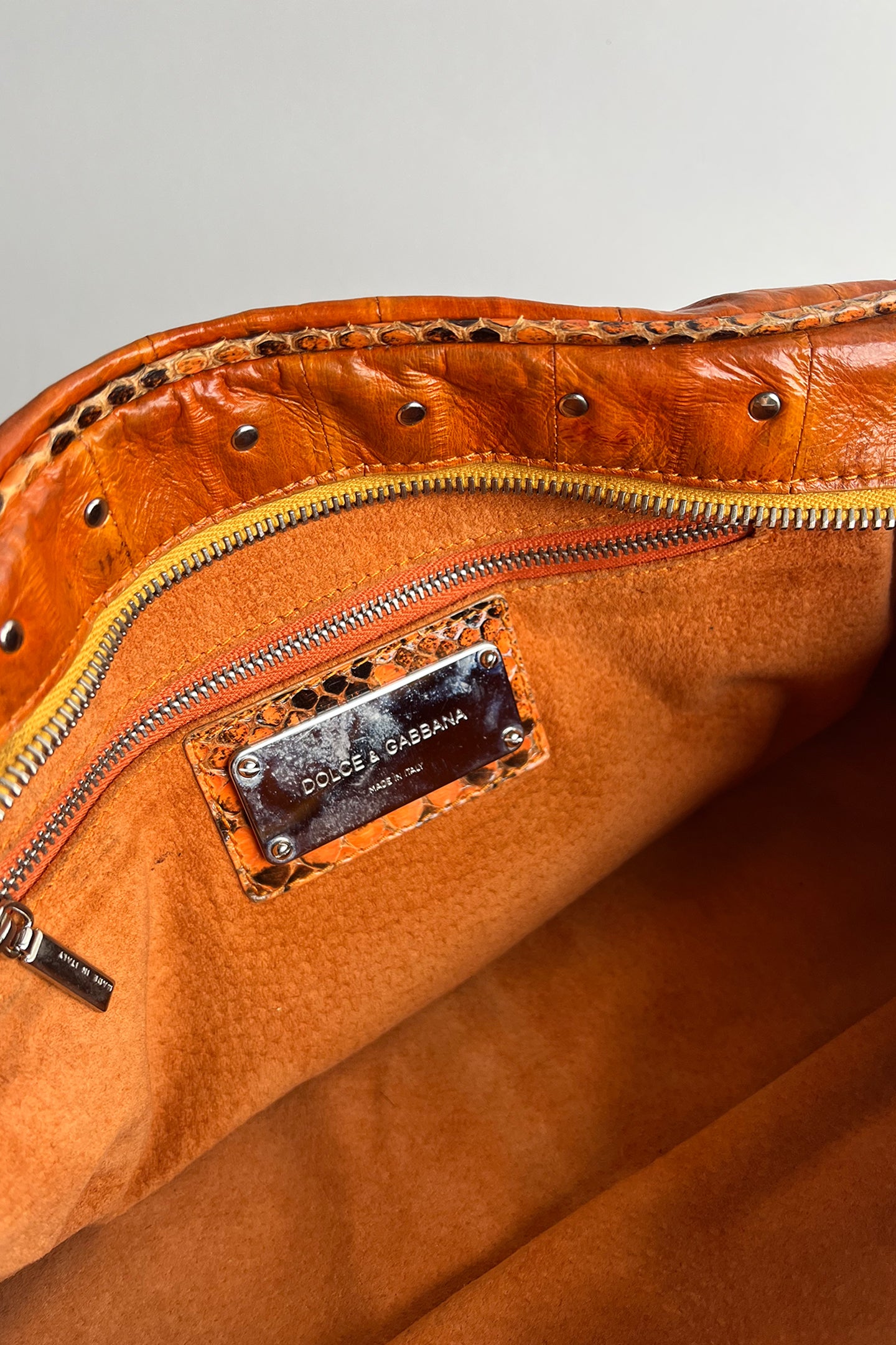 Vintage 90s y2k D&G orange leather handbag with python trims