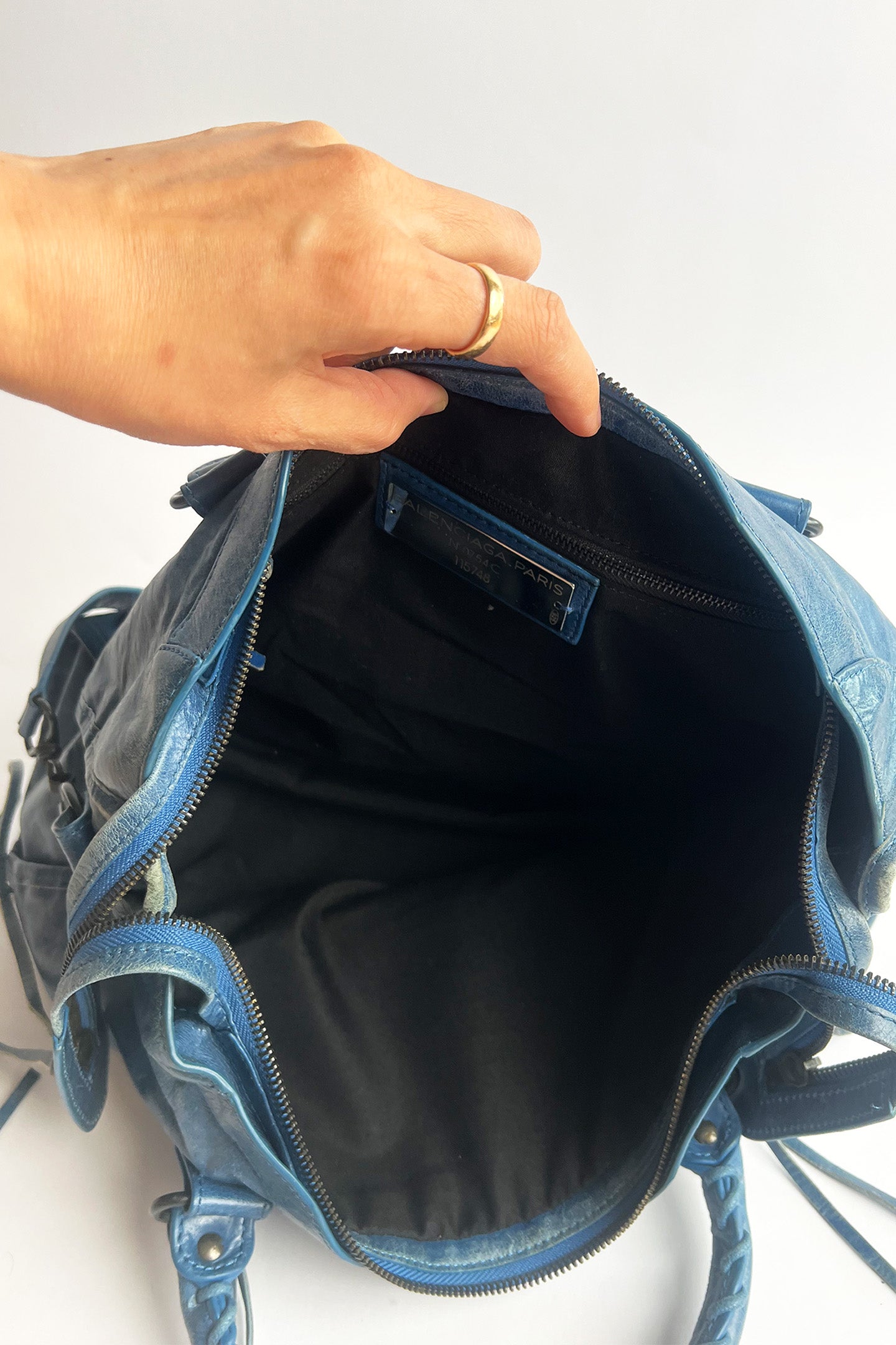Vintage 2000s blue distressed leather Balenciaga City bag