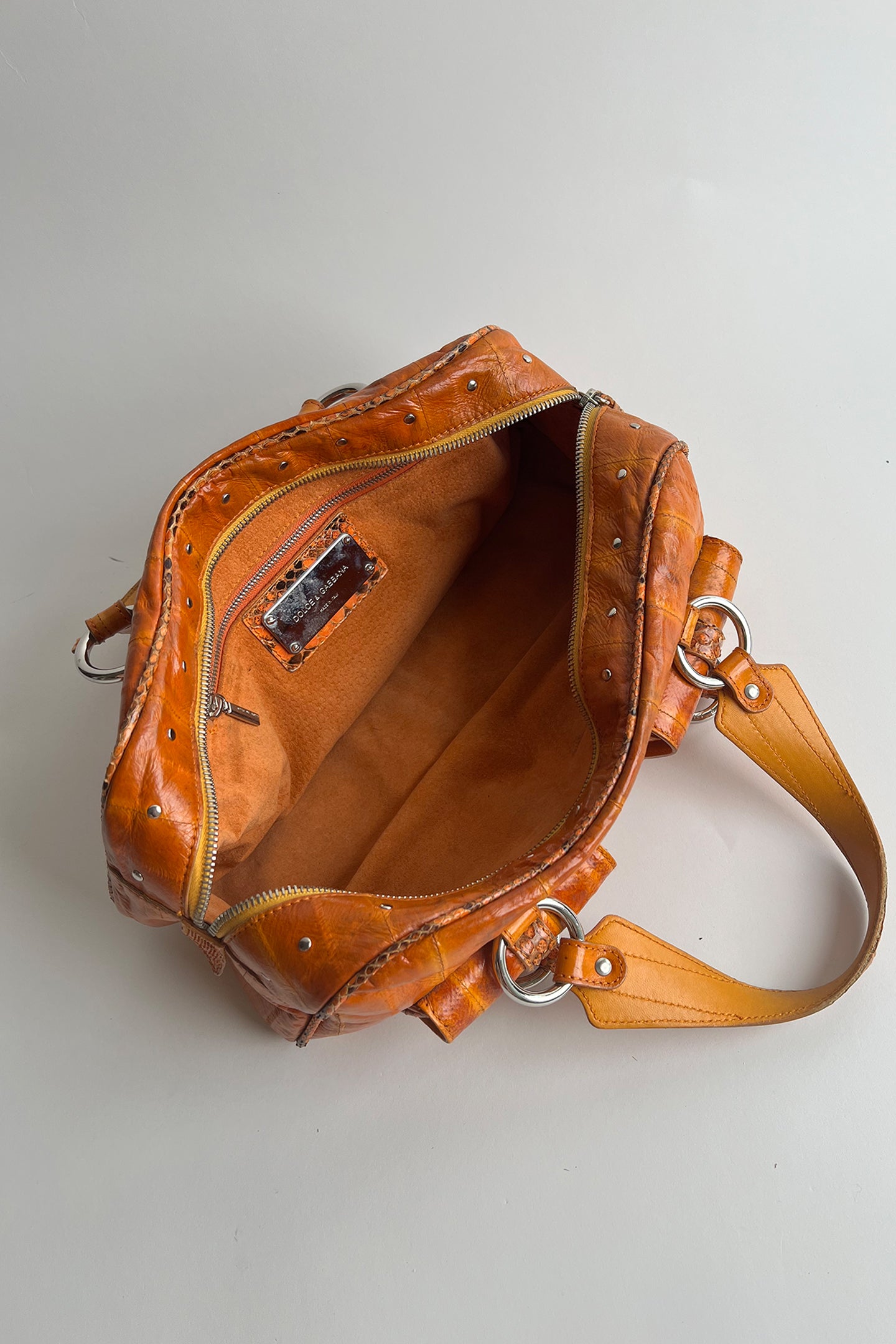 Vintage 90s y2k D&G orange leather handbag with python trims