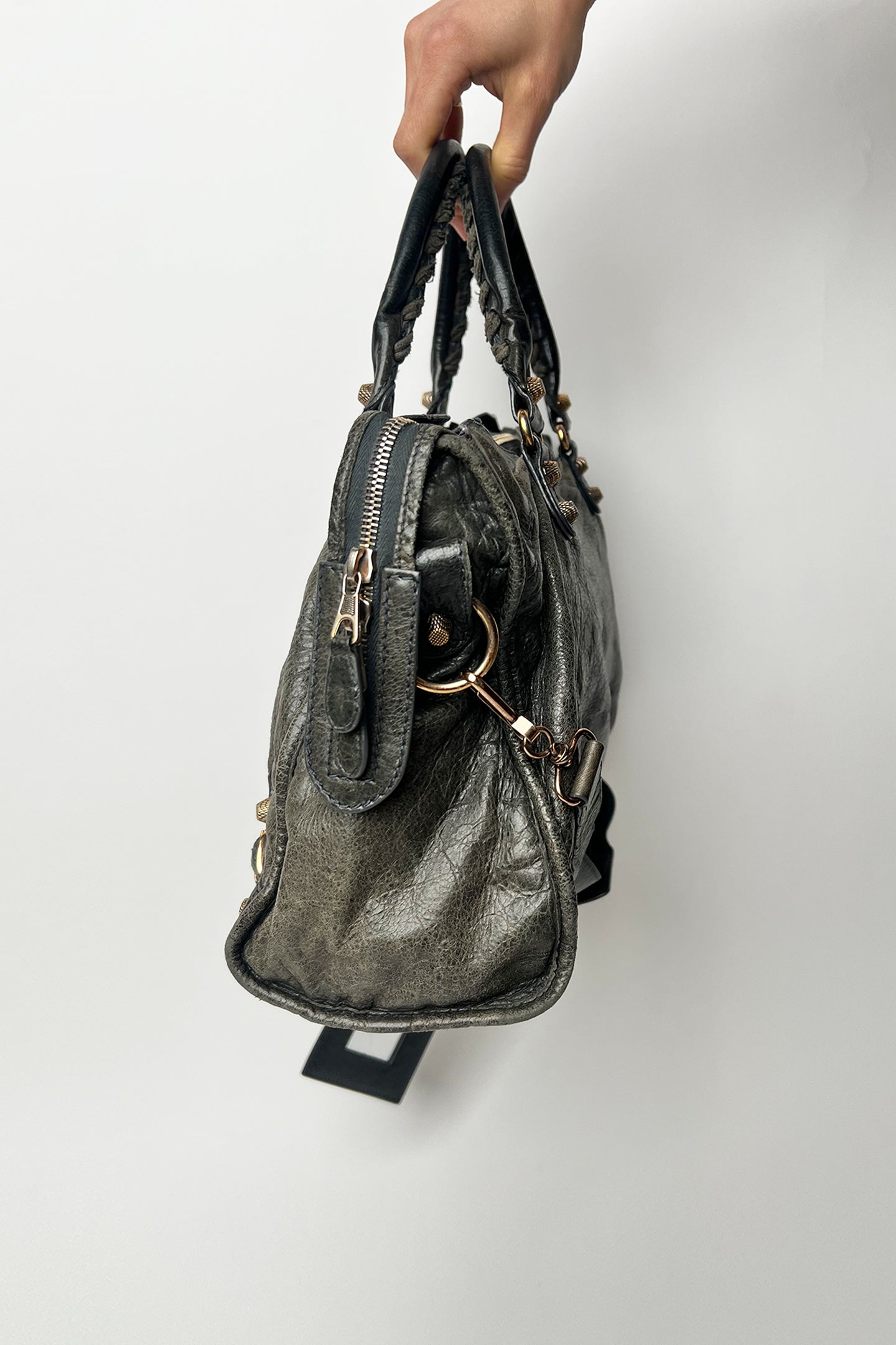 Vintage 2000s Balenciaga le city bag in distressed grey leather and giant rose gold hardware