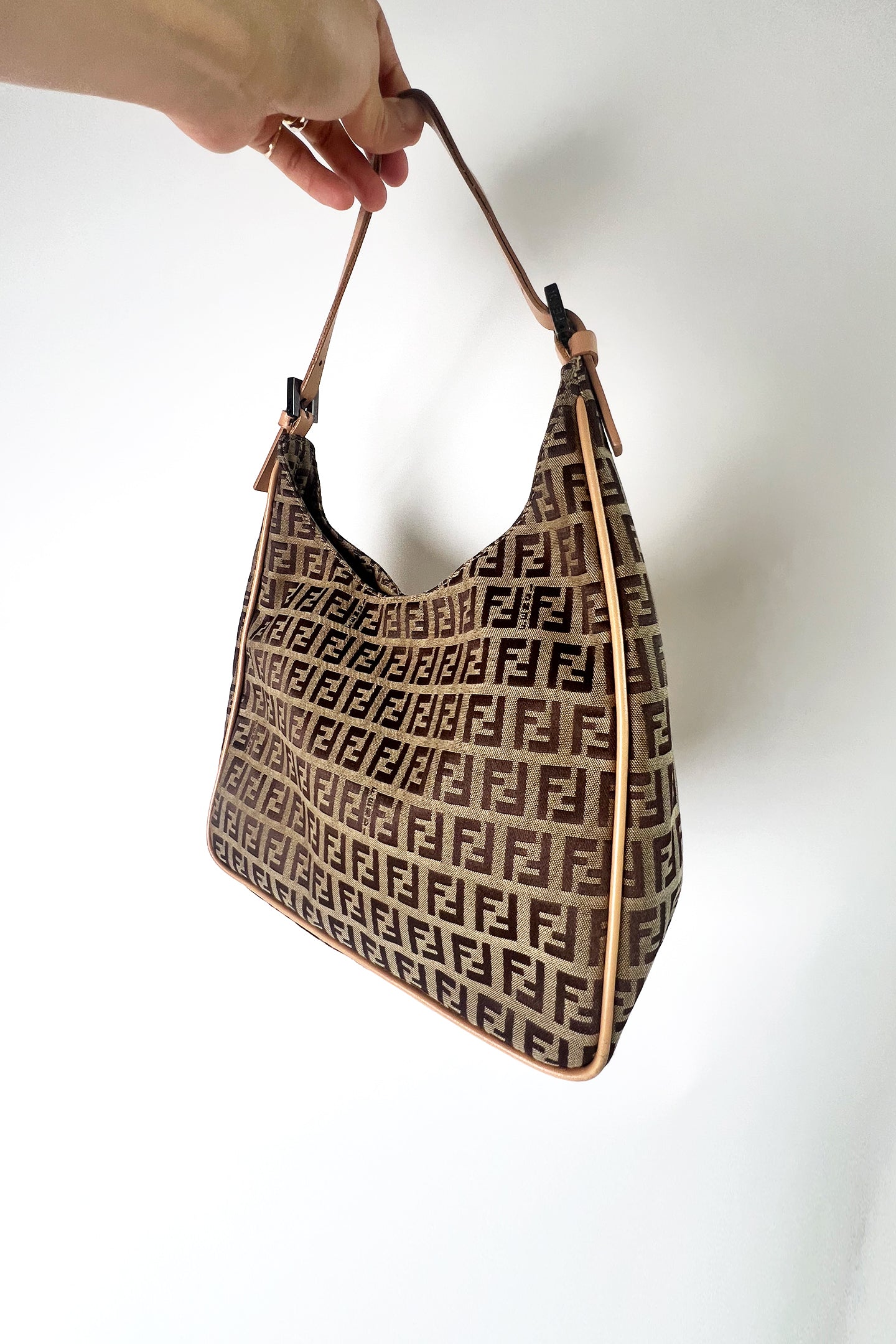Vintage Fendi zucca print shoulder bag with pink leather trims