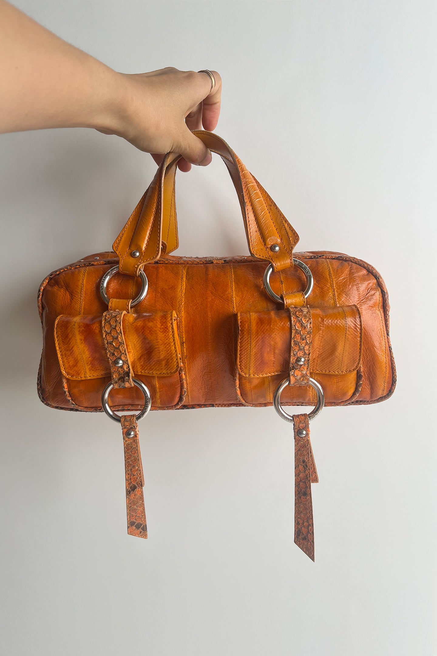 Vintage 90s y2k D&G orange leather handbag with python trims