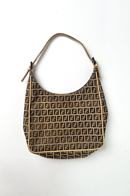 Vintage Fendi zucca print shoulder bag with pink leather trims