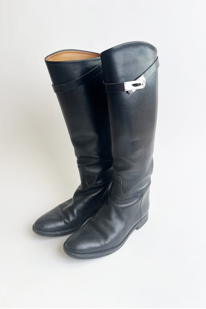Hermes black kelly riding boots with silver hardware size 38 1/2