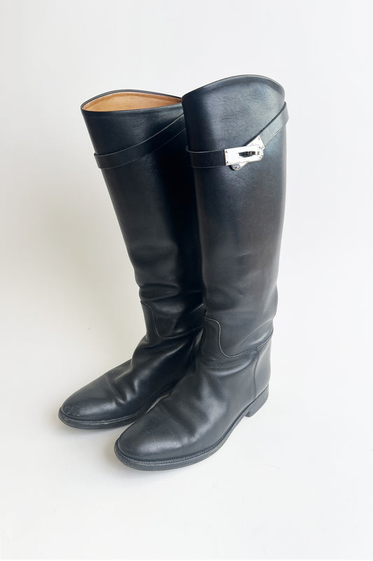 Hermes black kelly riding boots with silver hardware size 38 1/2