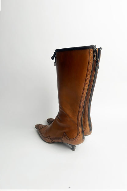Vintage Prada brown lamb leather kitten heel boots 38 1/2