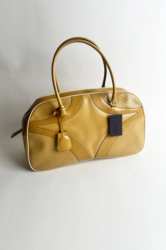 Vintage 2000s large size Prada bowling bag in Biege leather