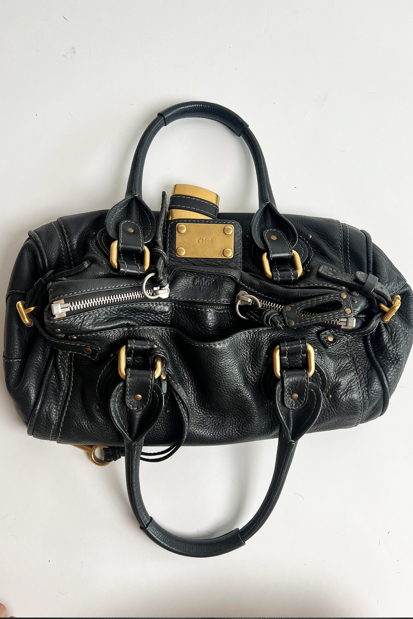 Vintage black leather Chloe Paddington bag with gold hardware