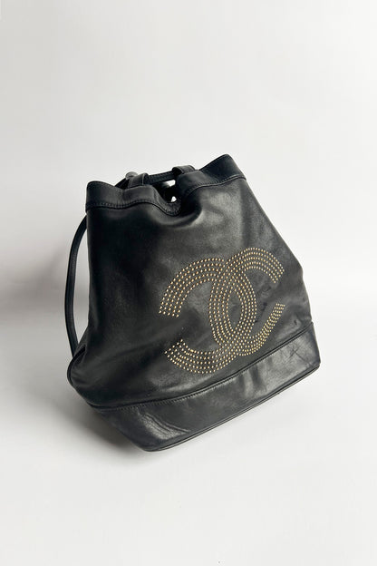 Vintage lamb leather Chanel bucket bag with studded logo